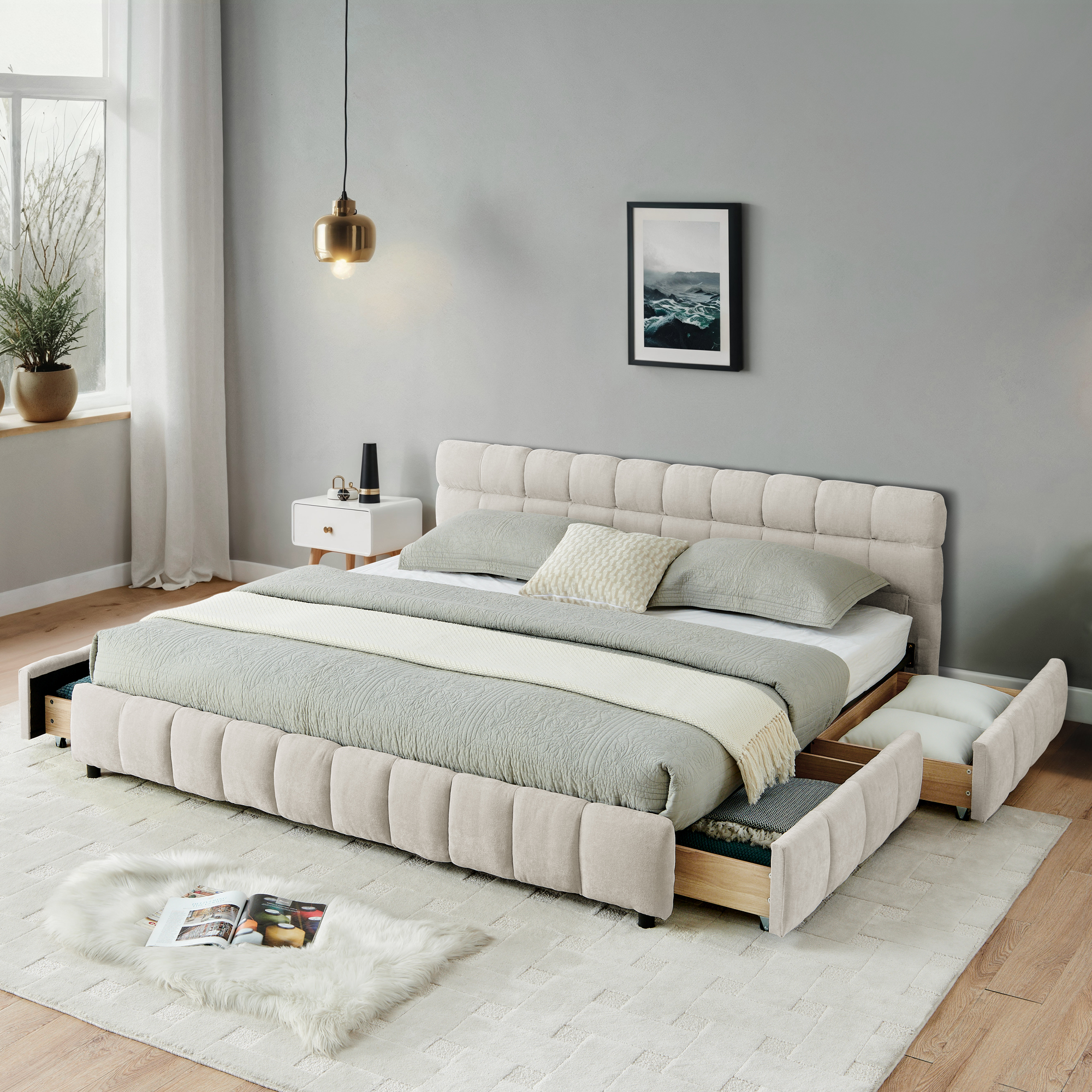 California King size Upholstered Bed ,comfortable upholstered bed frame, Chenille fabric, with headboard and solid bed frame. With drawer for storage.-Beige(90.5''*80.5''*31'') - Image 2