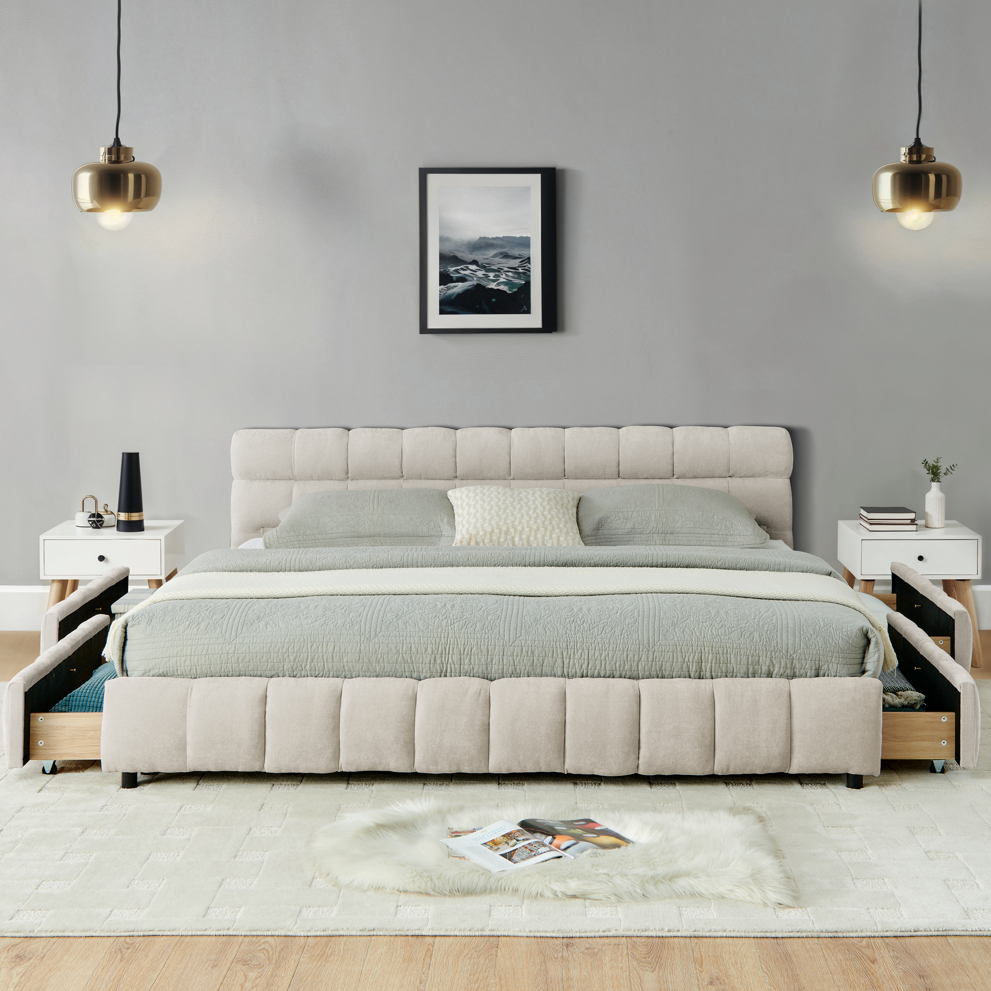 California King size Upholstered Bed ,comfortable upholstered bed frame, Chenille fabric, with headboard and solid bed frame. With drawer for storage.-Beige(90.5''*80.5''*31'') - Image 3
