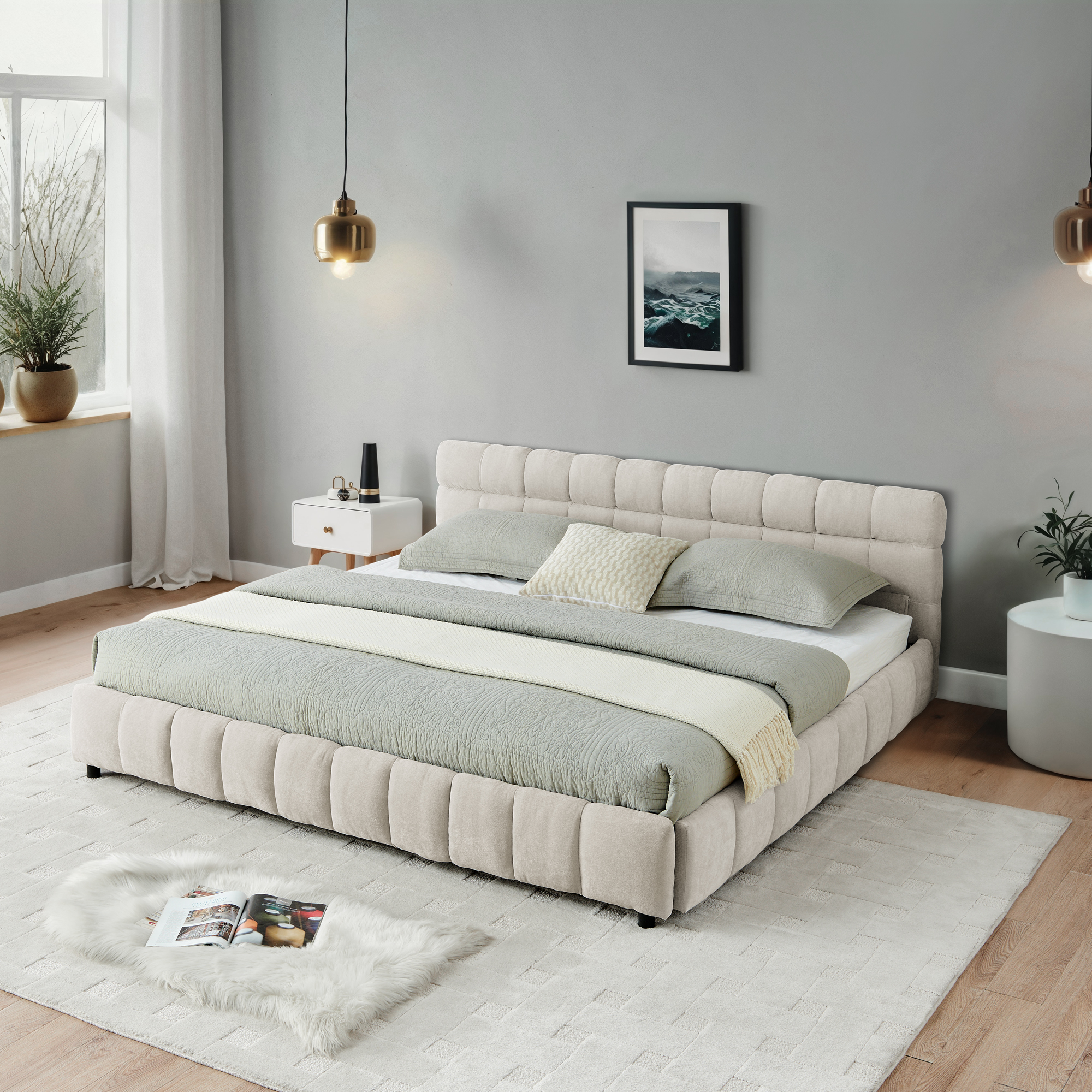 California King size Upholstered Bed ,comfortable upholstered bed frame, Chenille fabric, with headboard and solid bed frame. With drawer for storage.-Beige(90.5''*80.5''*31'') - Image 5