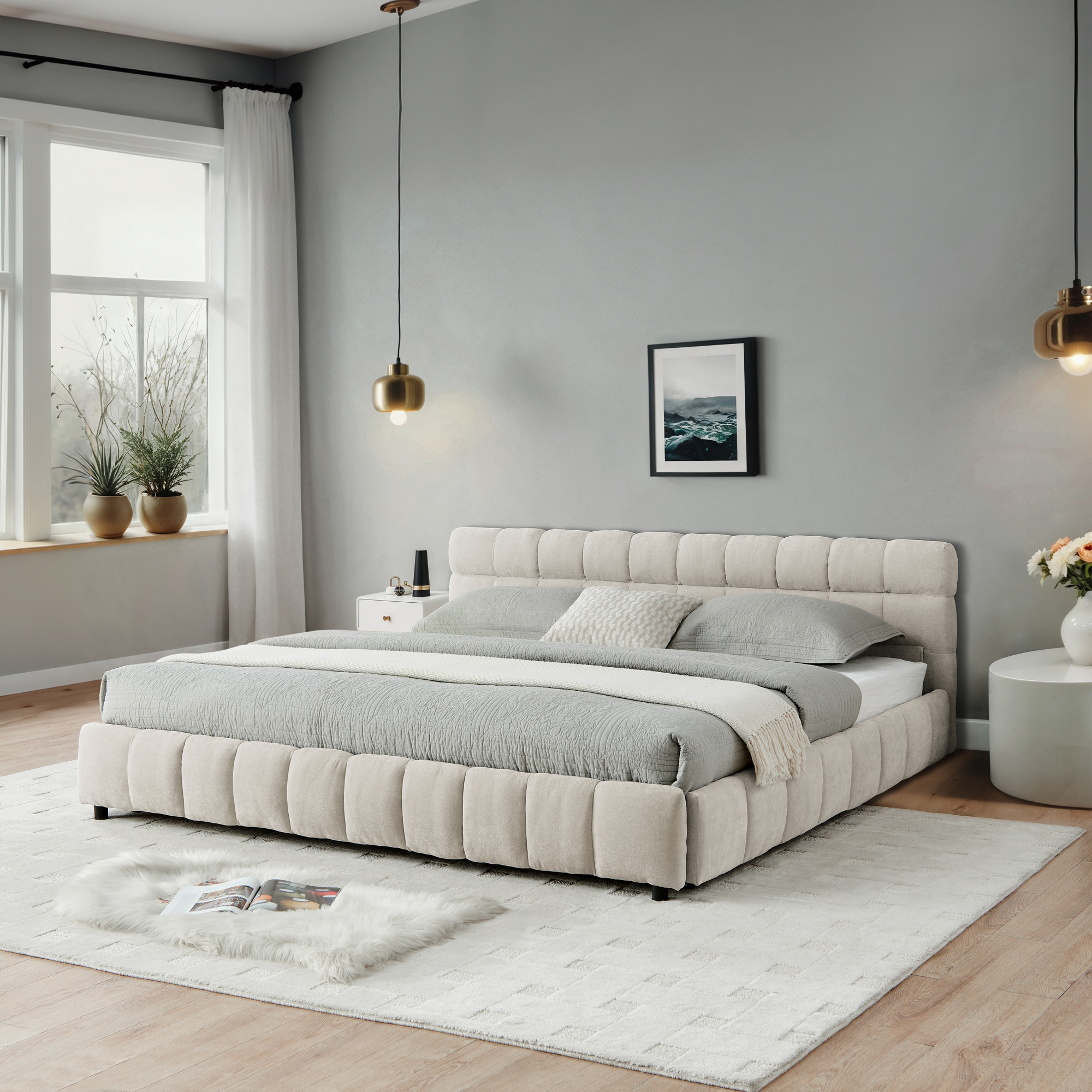 California King size Upholstered Bed ,comfortable upholstered bed frame, Chenille fabric, with headboard and solid bed frame. With drawer for storage.-Beige(90.5''*80.5''*31'') - Image 4