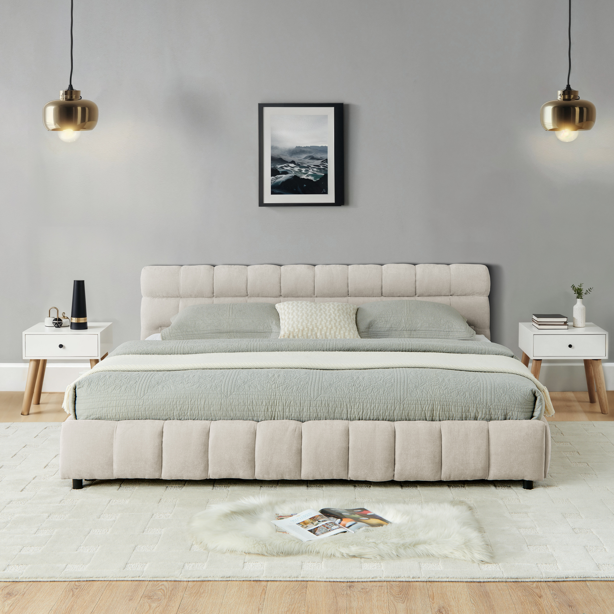 California King size Upholstered Bed ,comfortable upholstered bed frame, Chenille fabric, with headboard and solid bed frame. With drawer for storage.-Beige(90.5''*80.5''*31'') - Image 6