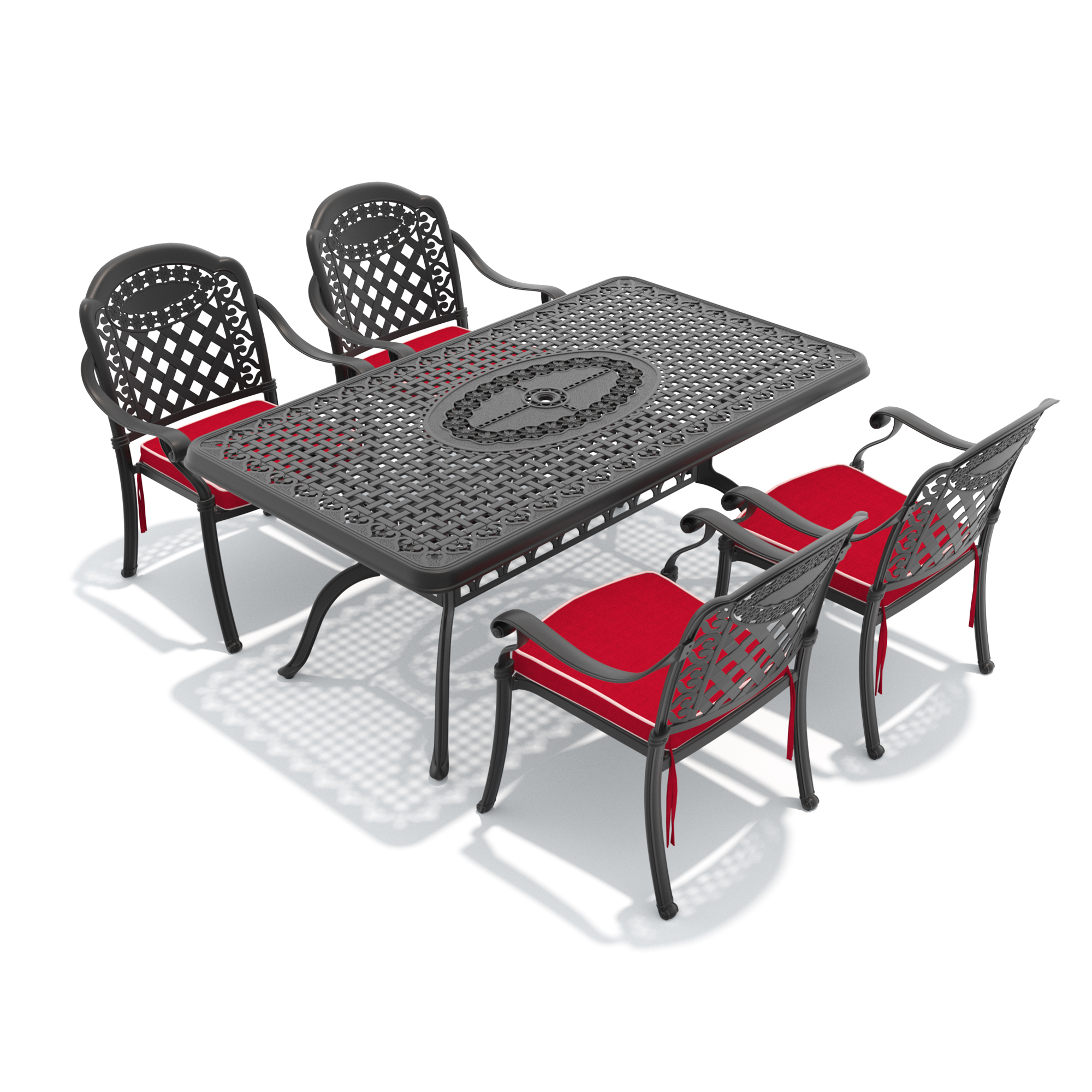 5-Piece Set Of Cast Aluminum Patio Furniture With Black Frame and Red Cushions - Image 2