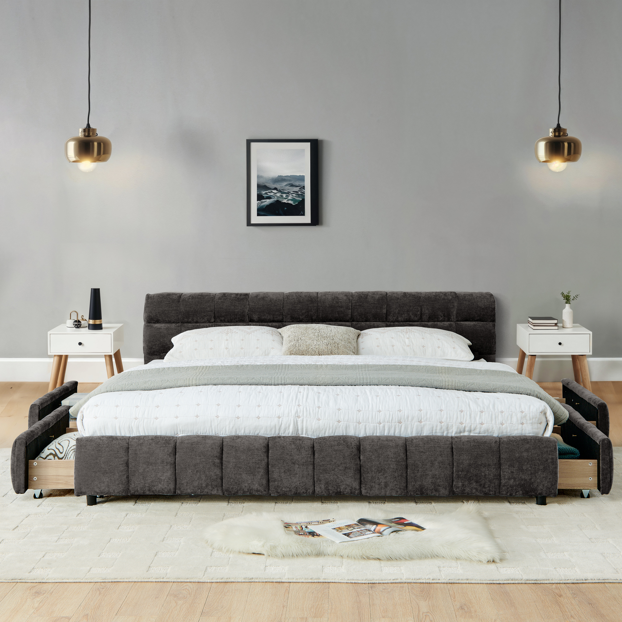 California King size Upholstered Bed ,comfortable upholstered bed frame, Chenille fabric, with headboard and solid bed frame. With drawer for storage.-Dark Gray(90.5''*80.5''*31'') - Image 2