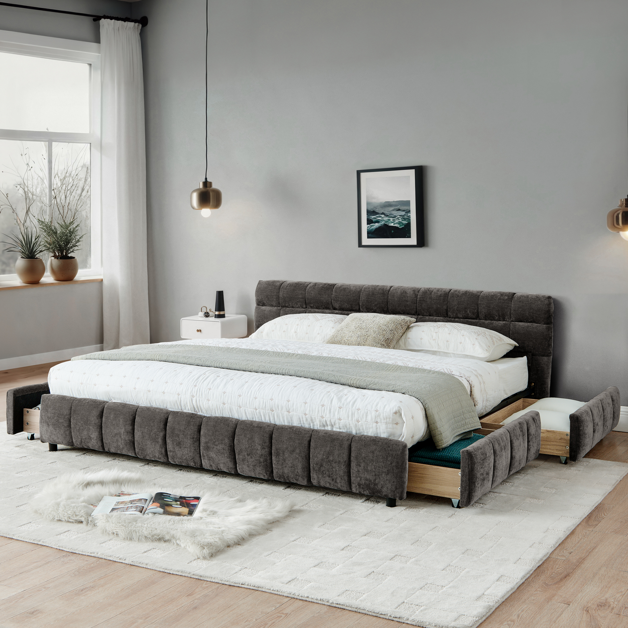California King size Upholstered Bed ,comfortable upholstered bed frame, Chenille fabric, with headboard and solid bed frame. With drawer for storage.-Dark Gray(90.5''*80.5''*31'') - Image 3
