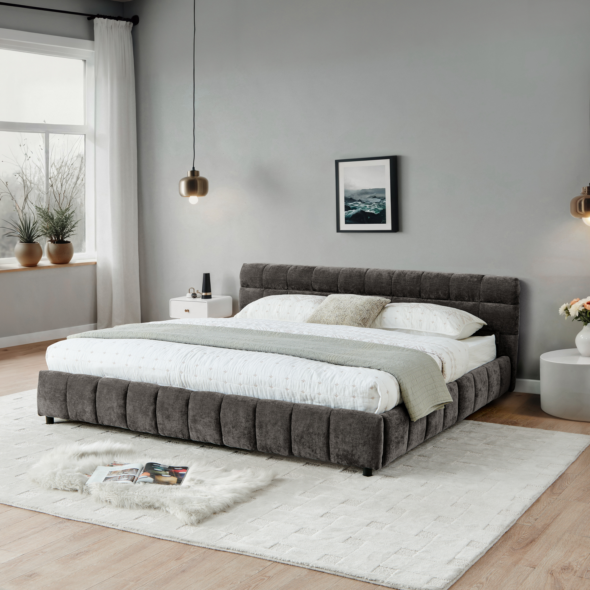 California King size Upholstered Bed ,comfortable upholstered bed frame, Chenille fabric, with headboard and solid bed frame. With drawer for storage.-Dark Gray(90.5''*80.5''*31'') - Image 4