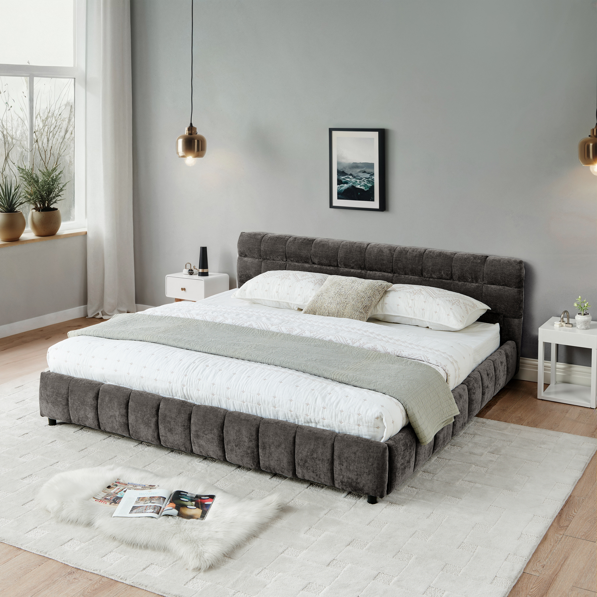 California King size Upholstered Bed ,comfortable upholstered bed frame, Chenille fabric, with headboard and solid bed frame. With drawer for storage.-Dark Gray(90.5''*80.5''*31'') - Image 5