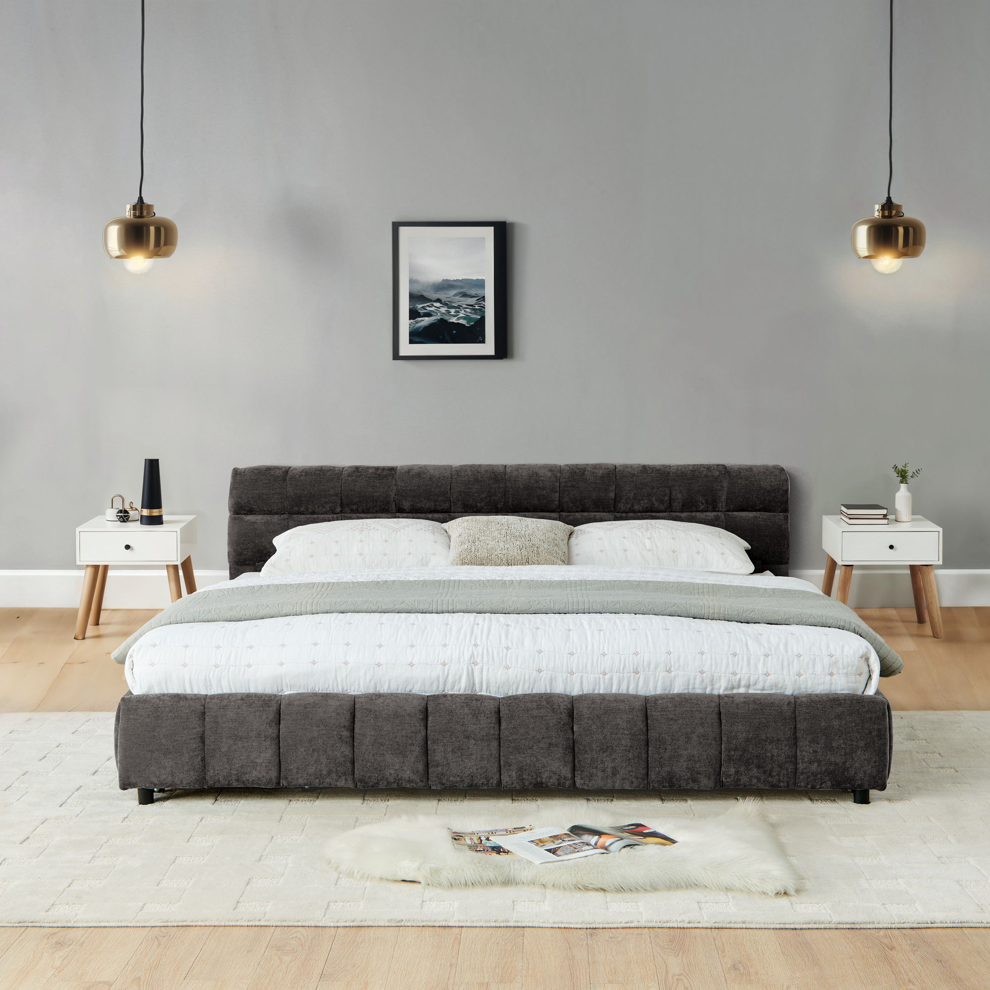 California King size Upholstered Bed ,comfortable upholstered bed frame, Chenille fabric, with headboard and solid bed frame. With drawer for storage.-Dark Gray(90.5''*80.5''*31'') - Image 6