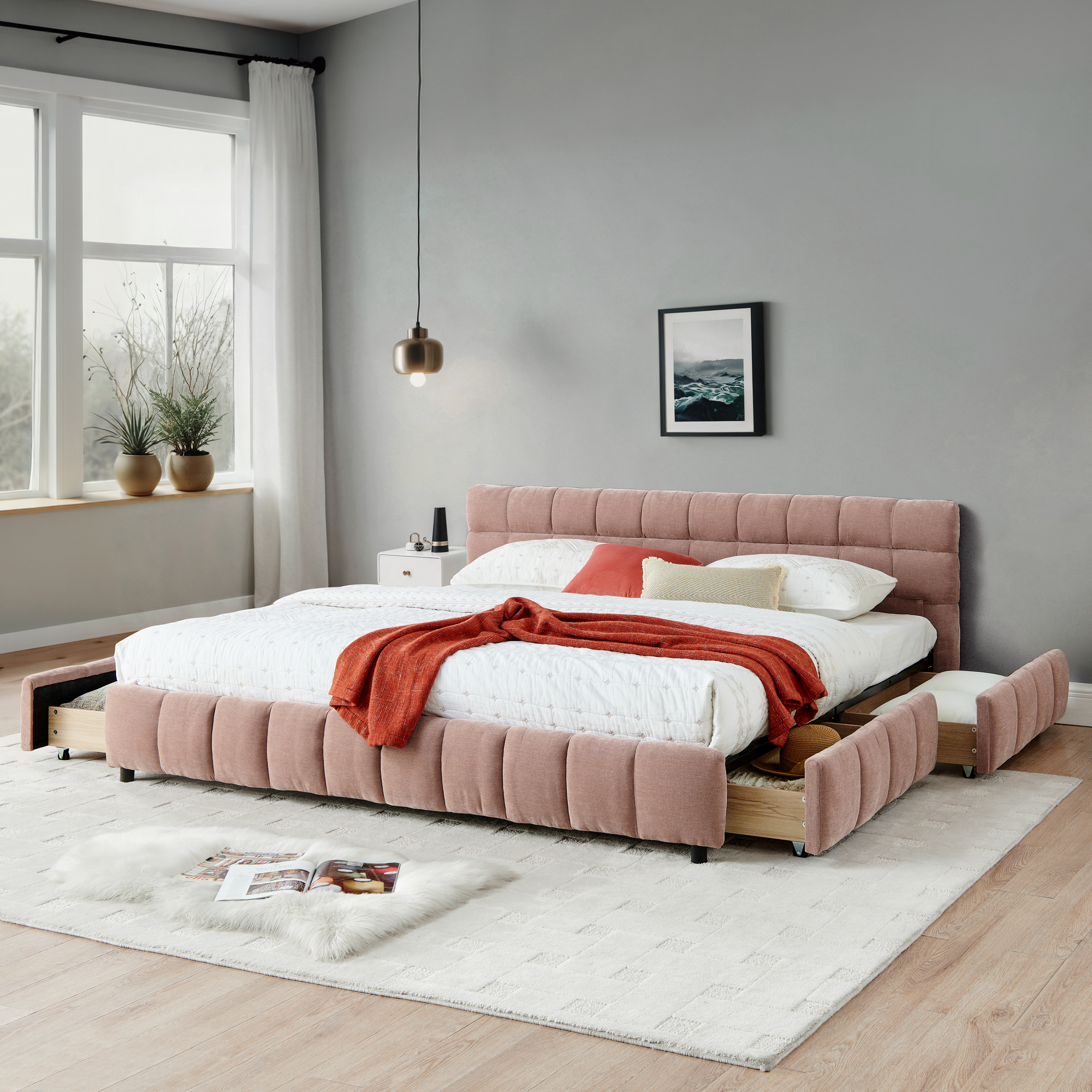 California King size Upholstered Bed ,comfortable upholstered bed frame, Chenille fabric, with headboard and solid bed frame. With drawer for storage.-Pink(90.5''*80.5''*31'') - Image 2