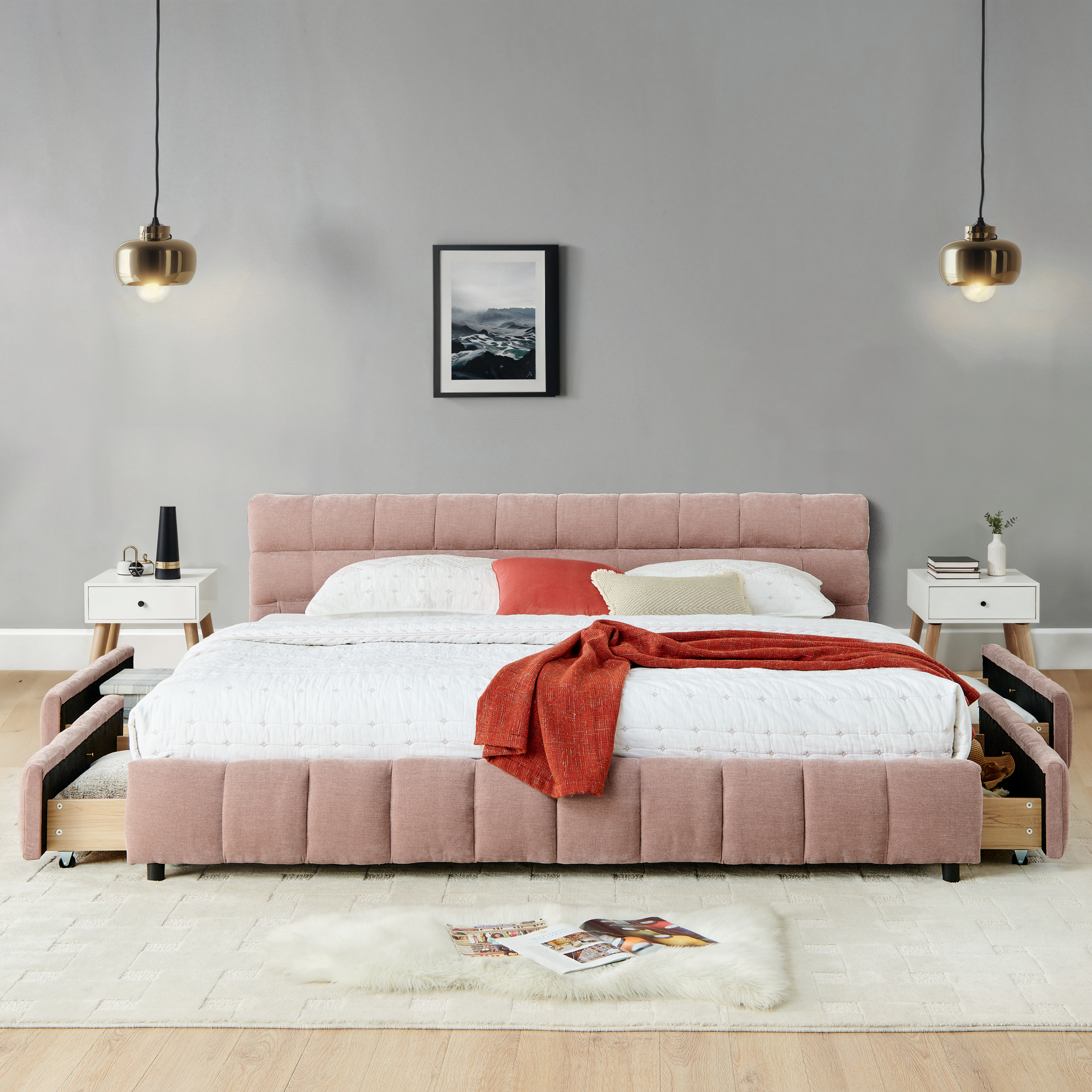 California King size Upholstered Bed ,comfortable upholstered bed frame, Chenille fabric, with headboard and solid bed frame. With drawer for storage.-Pink(90.5''*80.5''*31'') - Image 3