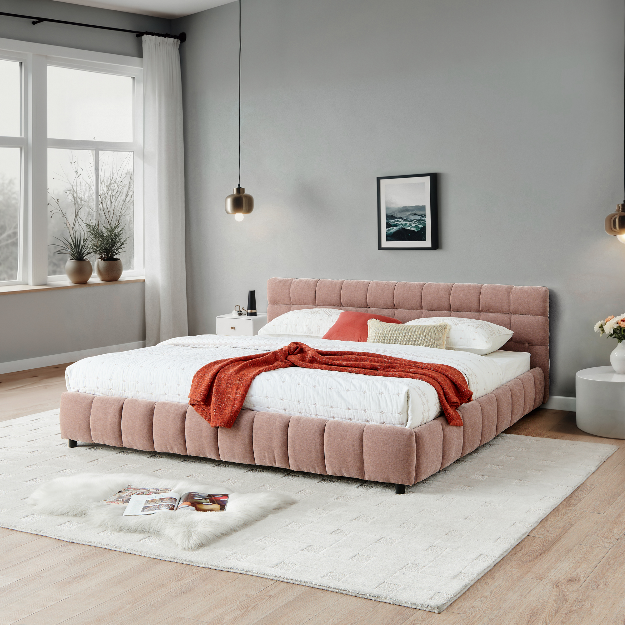 California King size Upholstered Bed ,comfortable upholstered bed frame, Chenille fabric, with headboard and solid bed frame. With drawer for storage.-Pink(90.5''*80.5''*31'') - Image 4
