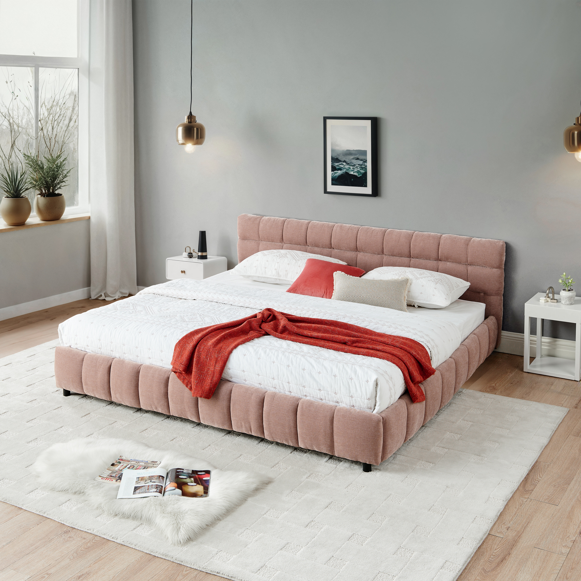 California King size Upholstered Bed ,comfortable upholstered bed frame, Chenille fabric, with headboard and solid bed frame. With drawer for storage.-Pink(90.5''*80.5''*31'') - Image 5