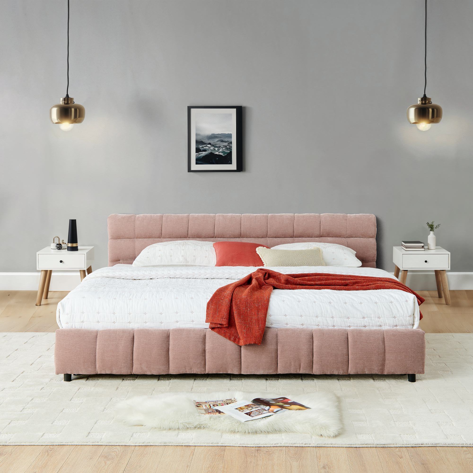 California King size Upholstered Bed ,comfortable upholstered bed frame, Chenille fabric, with headboard and solid bed frame. With drawer for storage.-Pink(90.5''*80.5''*31'') - Image 6