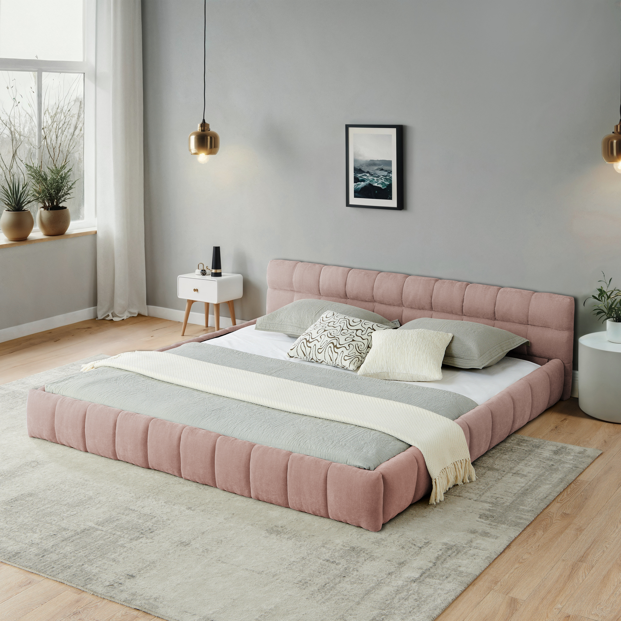 California King size Upholstered Bed Frame with Thick Fabric, Chenille Fabric Grounded Queen Size Platform Bed with Headboard and Solid Frame. No Box Spring Needed-Pink(90.5''*80.5''*31'') - Image 2