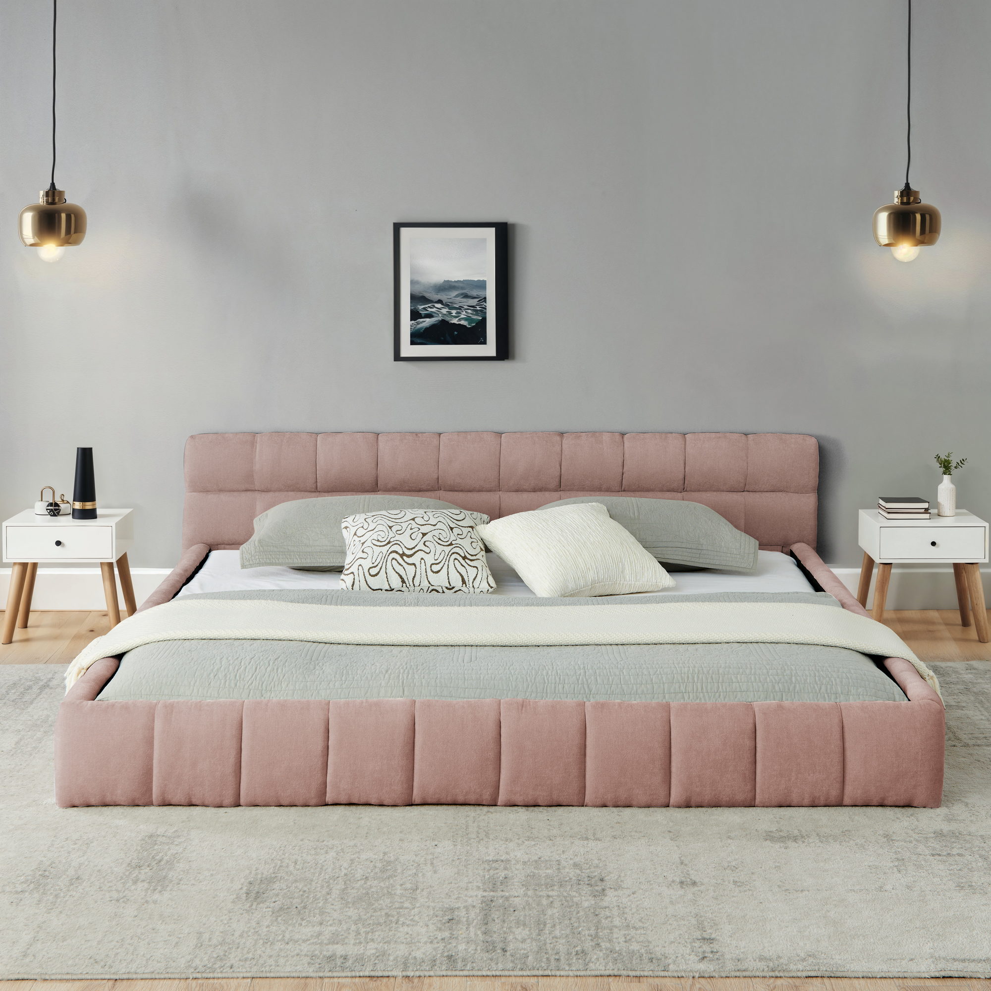 California King size Upholstered Bed Frame with Thick Fabric, Chenille Fabric Grounded Queen Size Platform Bed with Headboard and Solid Frame. No Box Spring Needed-Pink(90.5''*80.5''*31'') - Image 3