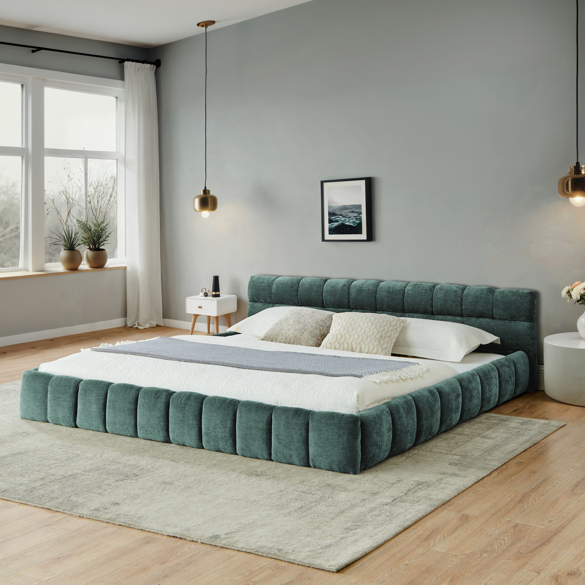 California King size Upholstered Bed Frame with Thick Fabric, Chenille Fabric Grounded California King Platform Bed with Headboard and Solid Frame. No Box Spring Needed-Blue Green-(90.5”*80.5”*31”)