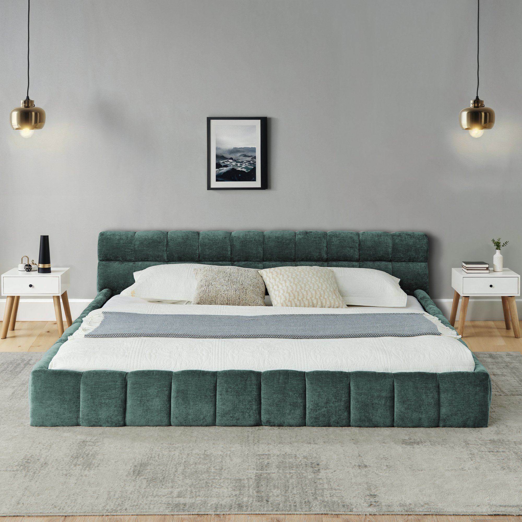 California King size Upholstered Bed Frame with Thick Fabric, Chenille Fabric Grounded California King Platform Bed with Headboard and Solid Frame. No Box Spring Needed-Blue Green-(90.5''*80.5''*31'') - Image 2