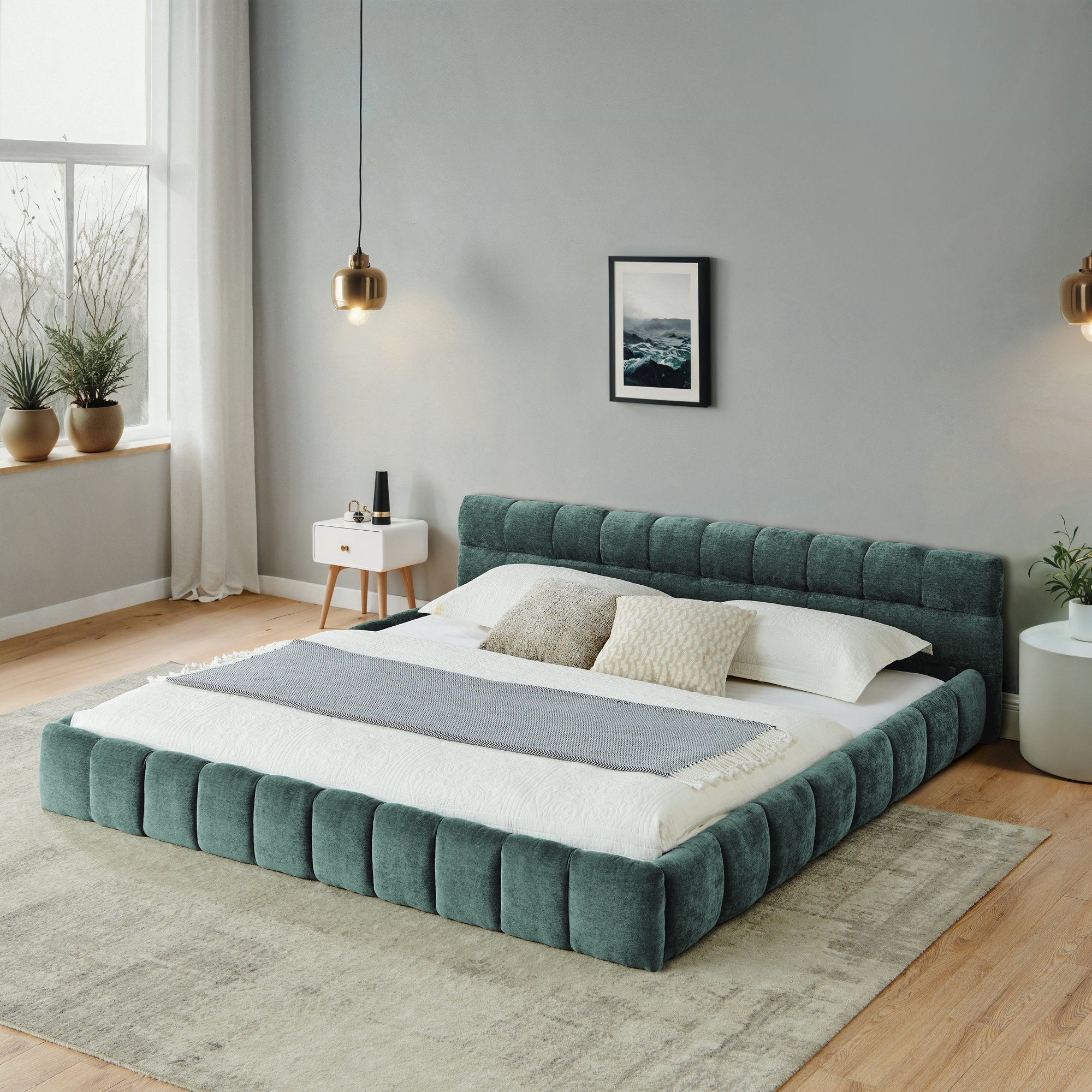 California King size Upholstered Bed Frame with Thick Fabric, Chenille Fabric Grounded California King Platform Bed with Headboard and Solid Frame. No Box Spring Needed-Blue Green-(90.5''*80.5''*31'') - Image 3