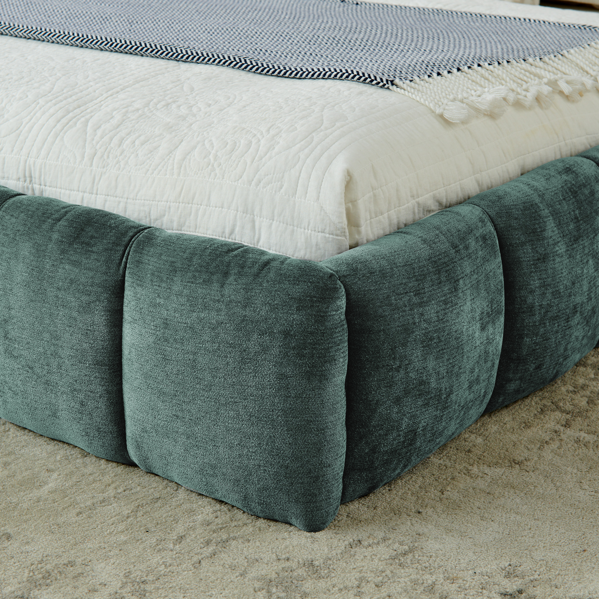 California King size Upholstered Bed Frame with Thick Fabric, Chenille Fabric Grounded California King Platform Bed with Headboard and Solid Frame. No Box Spring Needed-Blue Green-(90.5''*80.5''*31'') - Image 5