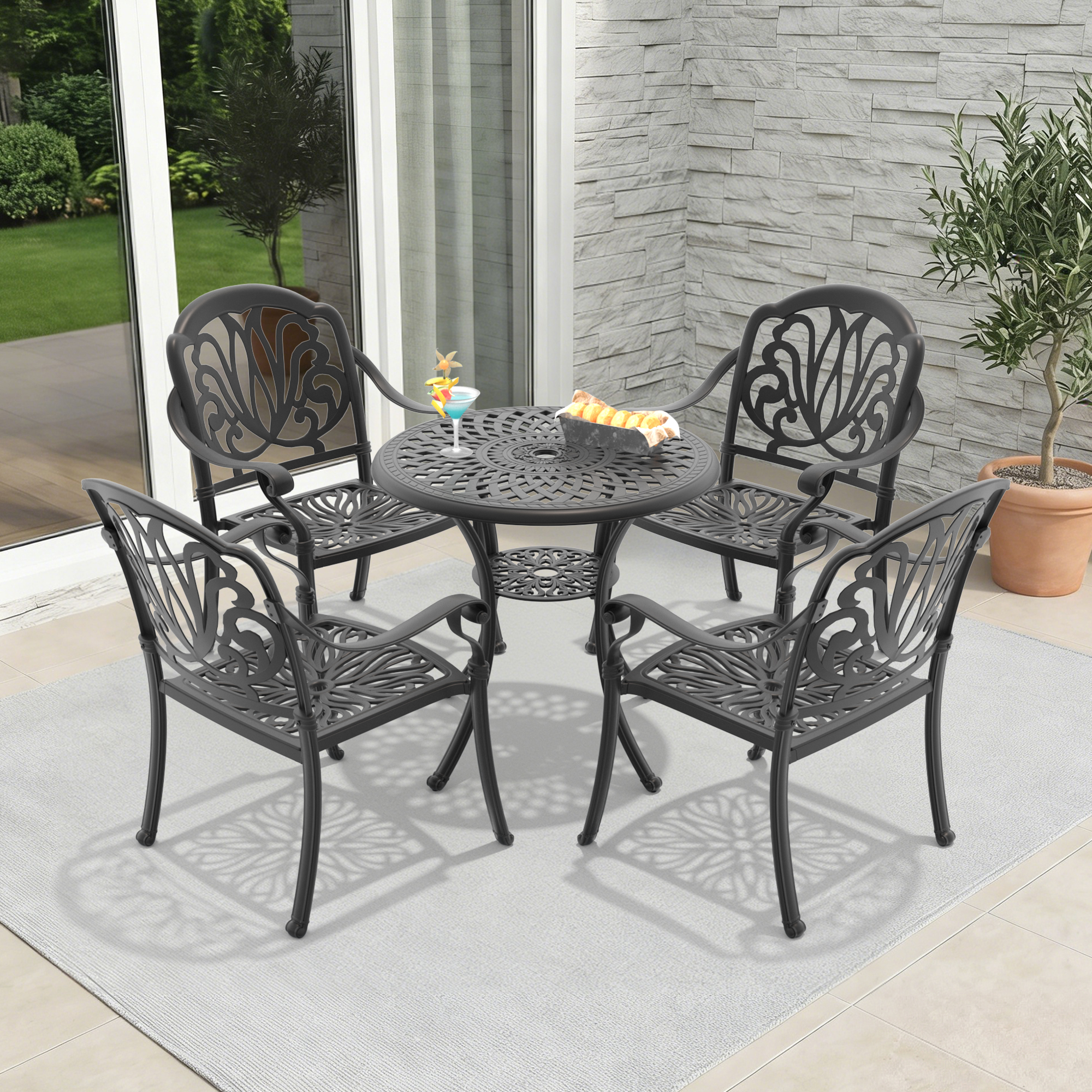 5-Piece Set Of Cast Aluminum Patio Furniture With Black Frame and Brown Seat Cushions(same sku: W1710S00044,W1710S00035 ) - Image 2
