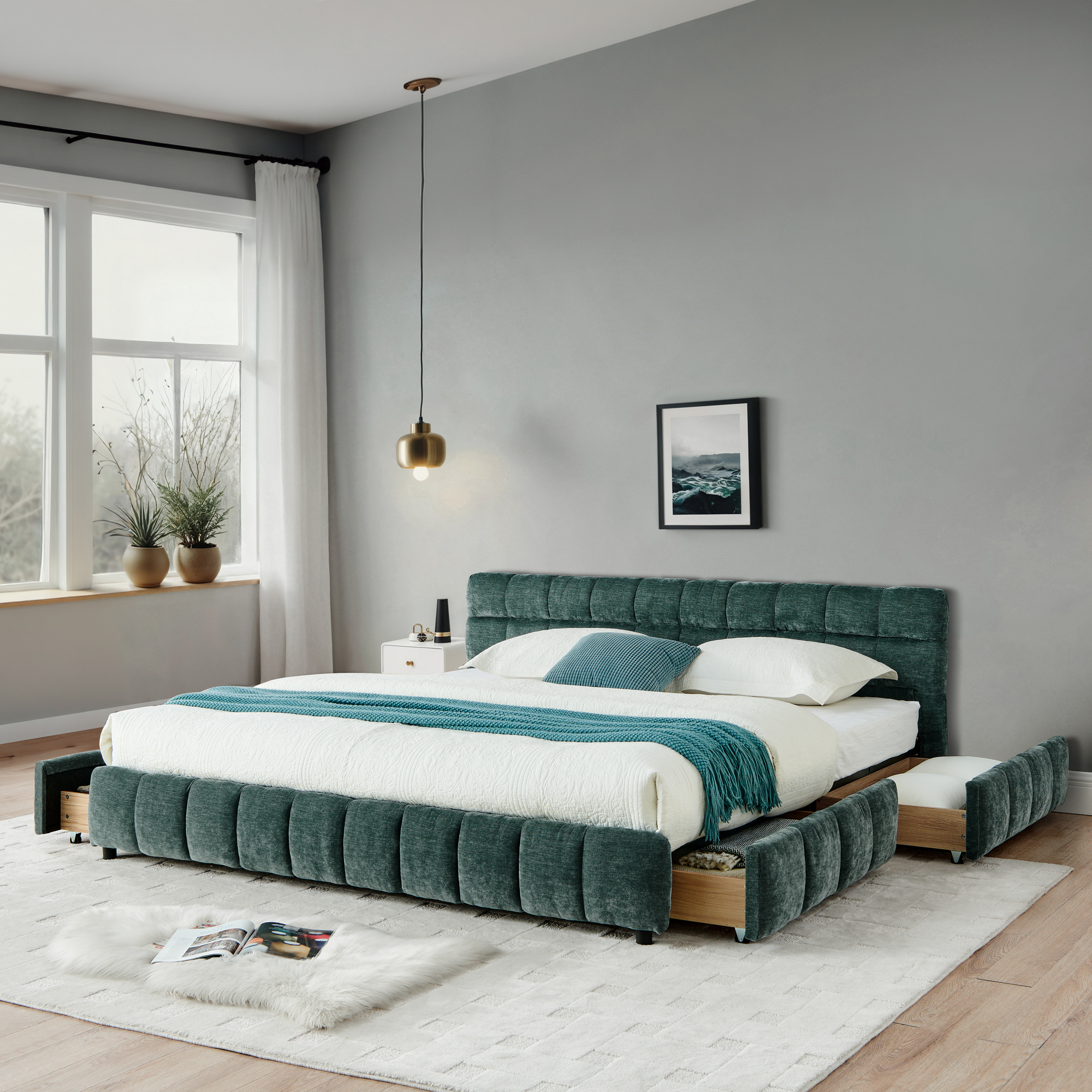 California King size Upholstered Bed ,comfortable upholstered bed frame, Chenille fabric, with headboard and solid bed frame. With drawer for storage.-Blue Green(90.5''*80.5''*31'') - Image 2