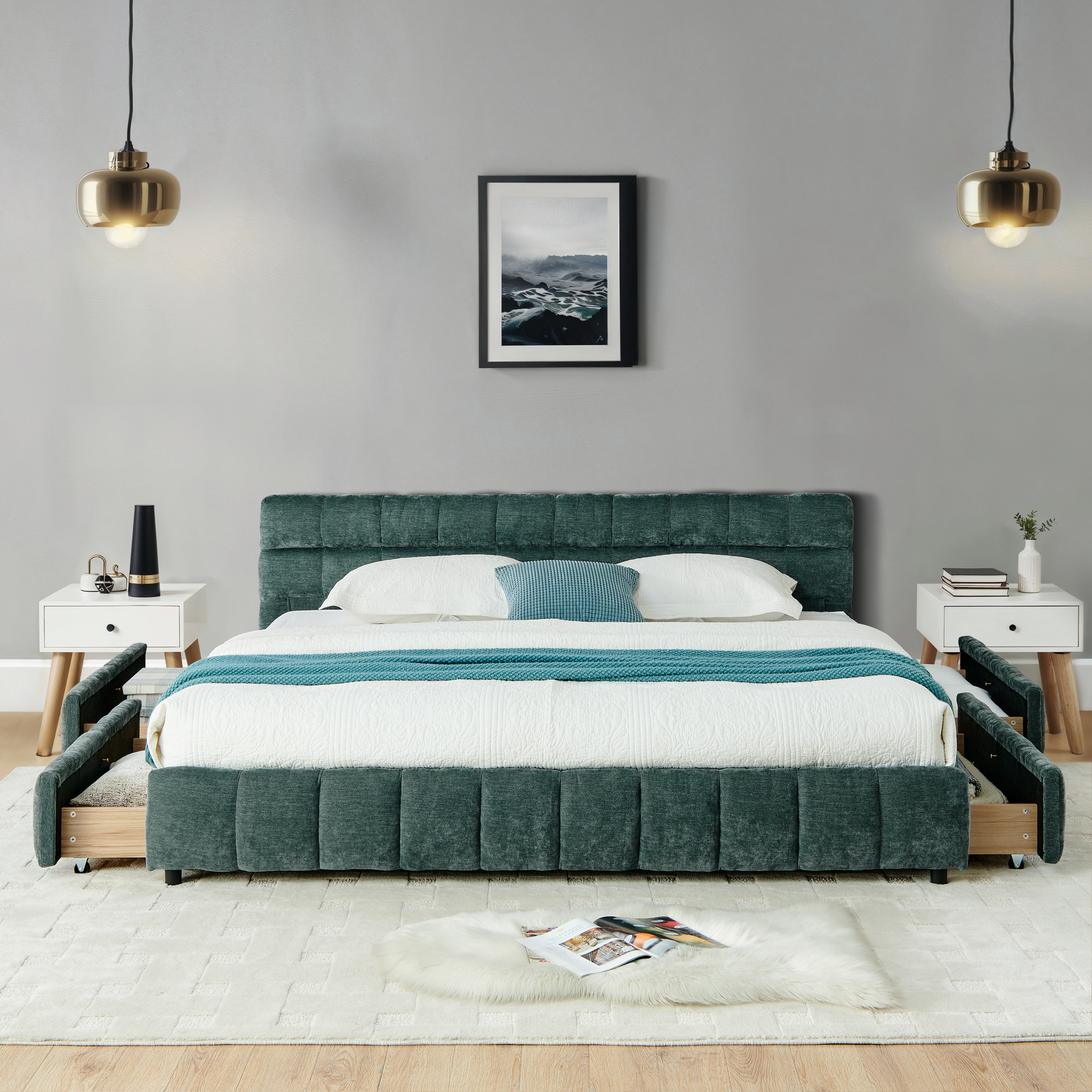 California King size Upholstered Bed ,comfortable upholstered bed frame, Chenille fabric, with headboard and solid bed frame. With drawer for storage.-Blue Green(90.5''*80.5''*31'') - Image 3