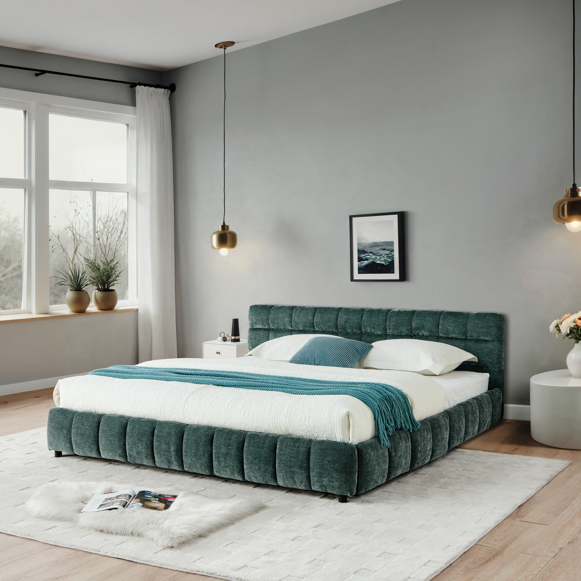 California King size Upholstered Bed ,comfortable upholstered bed frame, Chenille fabric, with headboard and solid bed frame. With drawer for storage.-Blue Green(90.5''*80.5''*31'') - Image 4