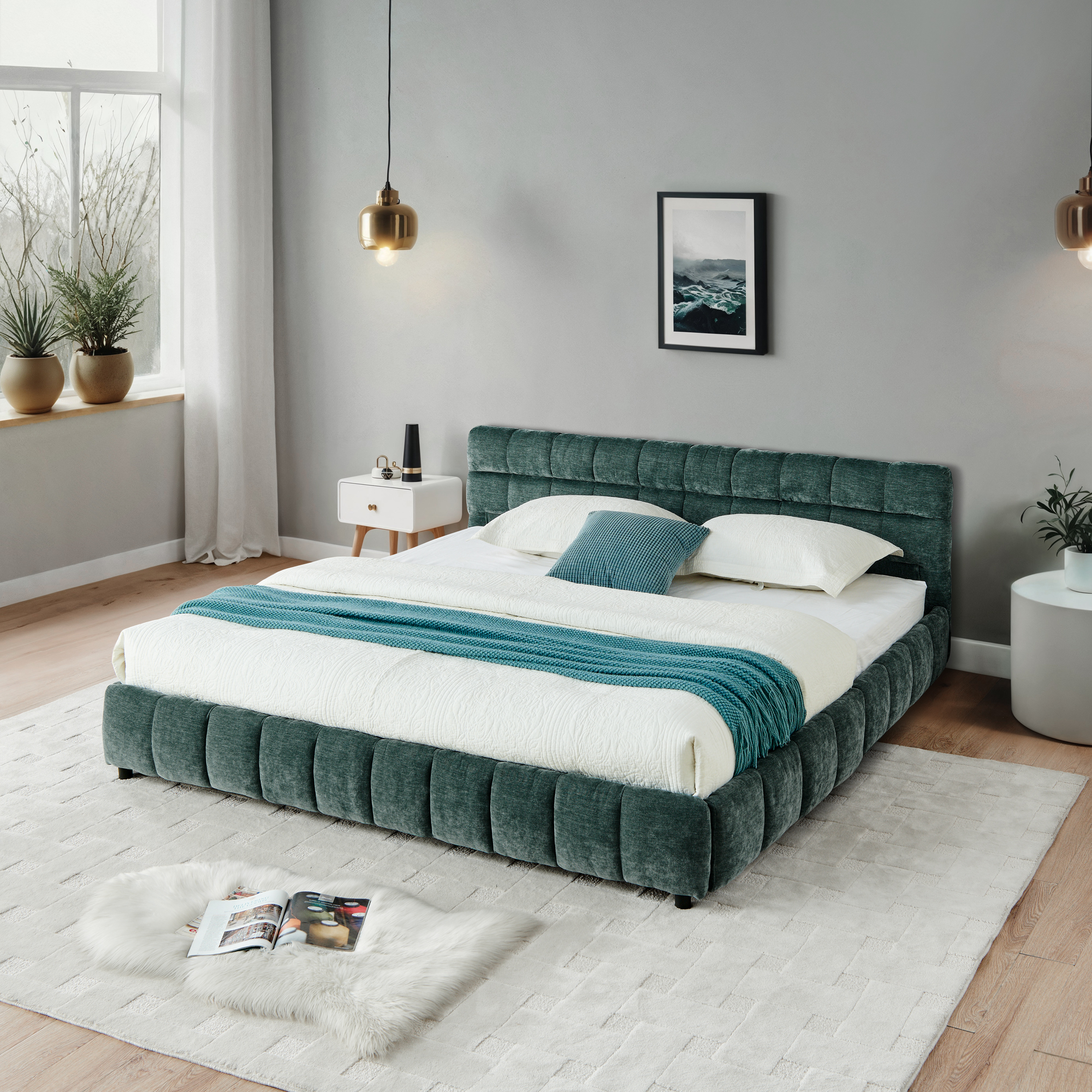 California King size Upholstered Bed ,comfortable upholstered bed frame, Chenille fabric, with headboard and solid bed frame. With drawer for storage.-Blue Green(90.5''*80.5''*31'') - Image 5