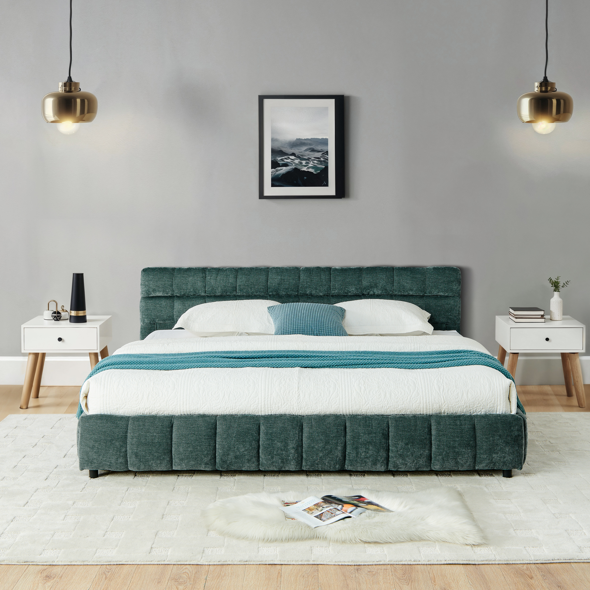 California King size Upholstered Bed ,comfortable upholstered bed frame, Chenille fabric, with headboard and solid bed frame. With drawer for storage.-Blue Green(90.5''*80.5''*31'') - Image 6