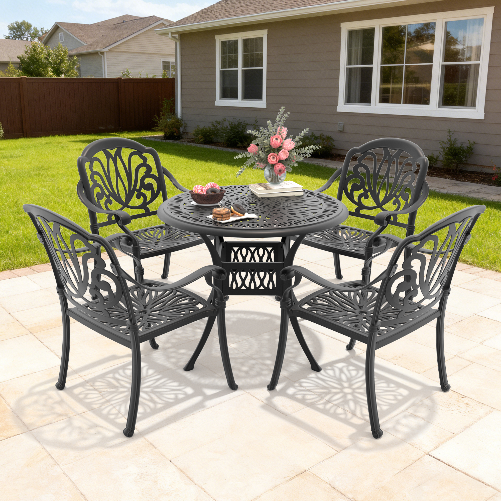 5-Piece Set Of Cast Aluminum Patio Furniture With Black Frame and Brown Seat Cushions(same sku: W1710S00050,W1710S00001) - Image 2