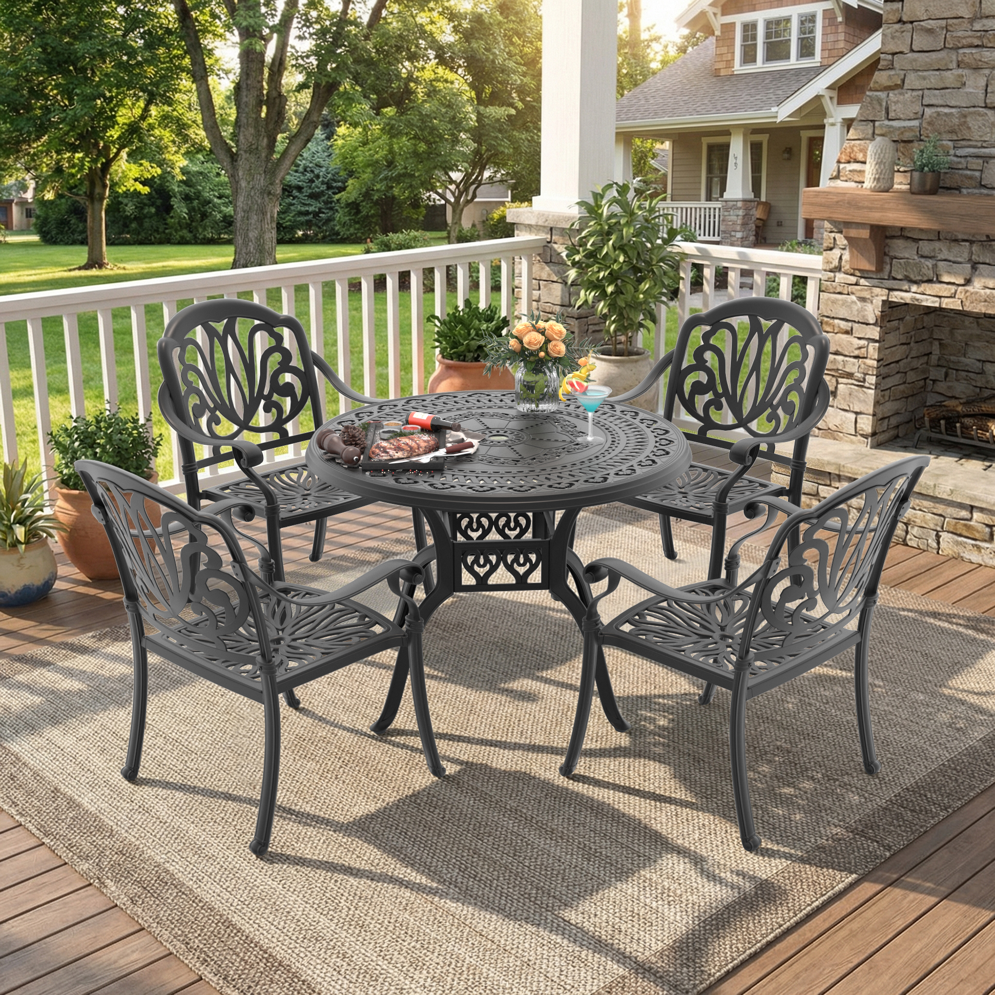 5-Piece Set Of Cast Aluminum Patio Furniture With Black Frame and Brown Seat Cushions(same sku: W1710S00062,W1710S00012) - Image 2