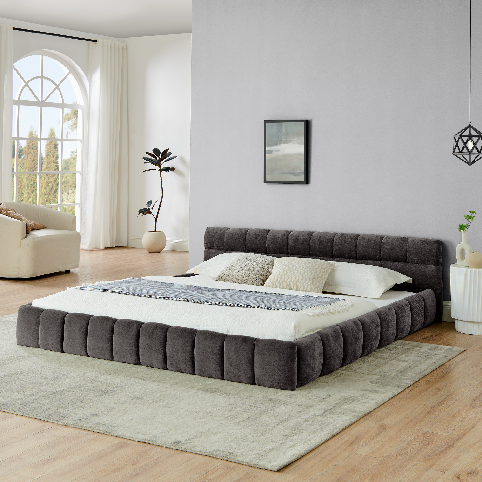 King size Upholstered Bed Frame with Thick Fabric, Chenille Fabric Grounded King Size Platform Bed with Headboard and Solid Frame. No Box Spring Needed-Dark Gray(88.5''*85.5''*24'') - Image 1