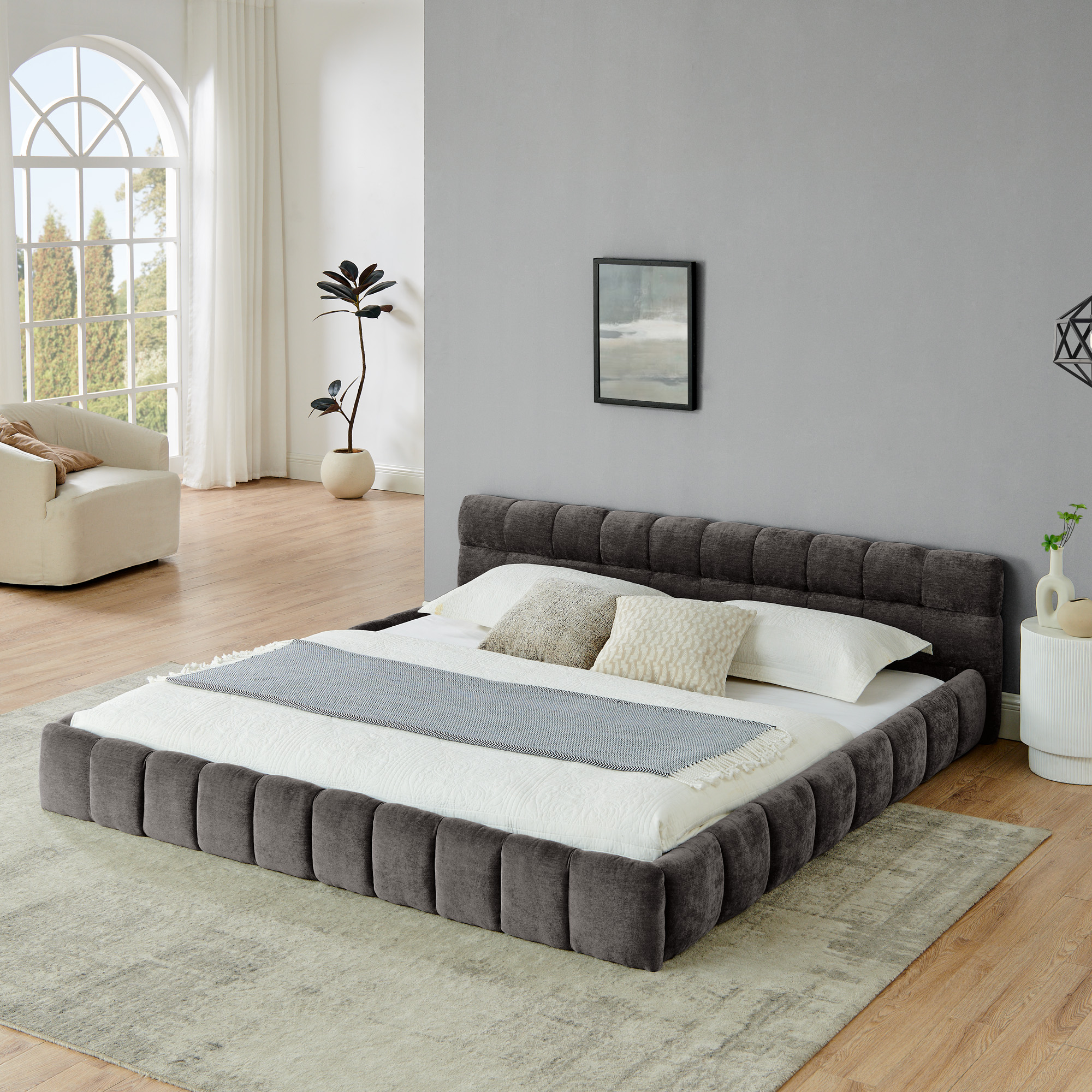 King size Upholstered Bed Frame with Thick Fabric, Chenille Fabric Grounded King Size Platform Bed with Headboard and Solid Frame. No Box Spring Needed-Dark Gray(88.5''*85.5''*24'') - Image 2