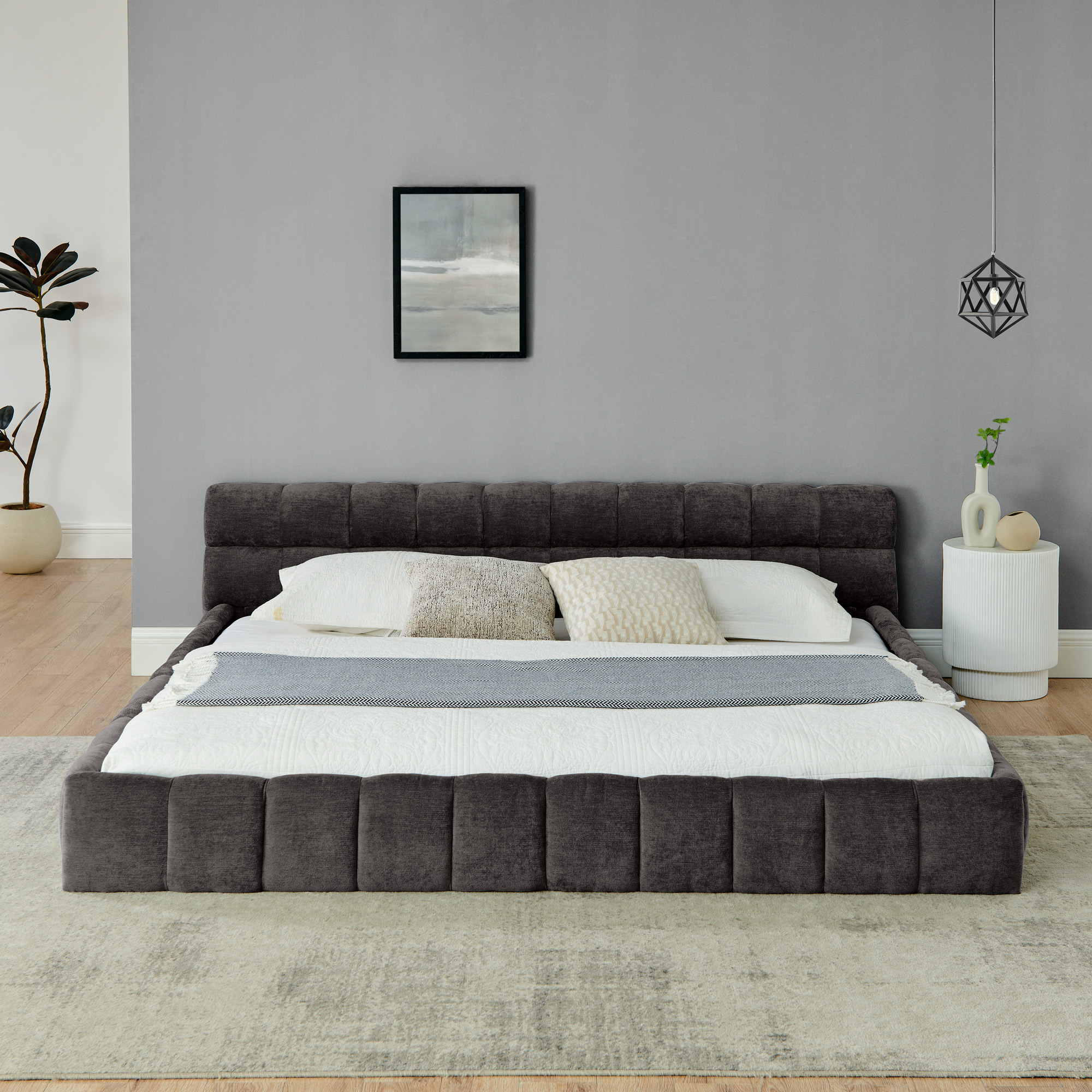 King size Upholstered Bed Frame with Thick Fabric, Chenille Fabric Grounded King Size Platform Bed with Headboard and Solid Frame. No Box Spring Needed-Dark Gray(88.5''*85.5''*24'') - Image 3