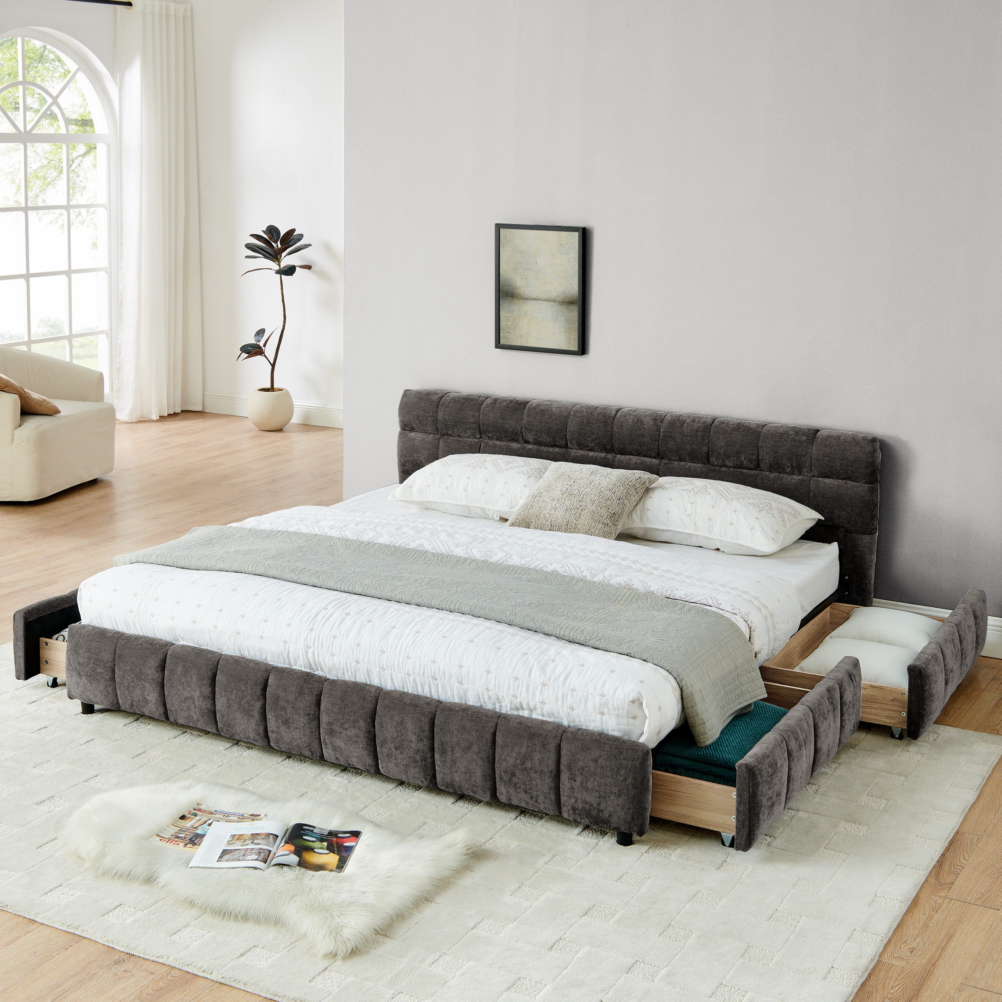 King Size Upholstered Bed ,comfortable upholstered bed frame, Chenille fabric, with headboard and solid bed frame. With drawer for storage.-Dark Gray(88.5''*85.5''*31'') - Image 1