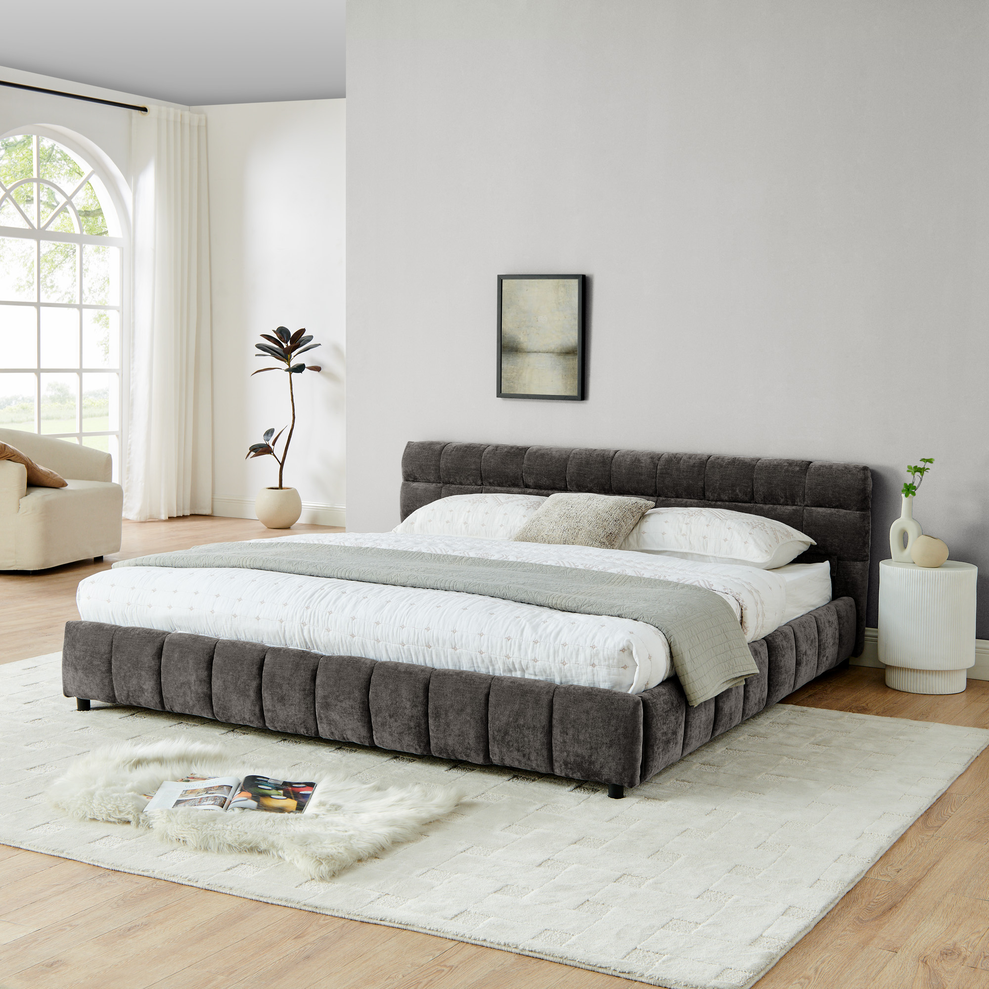 King Size Upholstered Bed ,comfortable upholstered bed frame, Chenille fabric, with headboard and solid bed frame. With drawer for storage.-Dark Gray(88.5''*85.5''*31'') - Image 2
