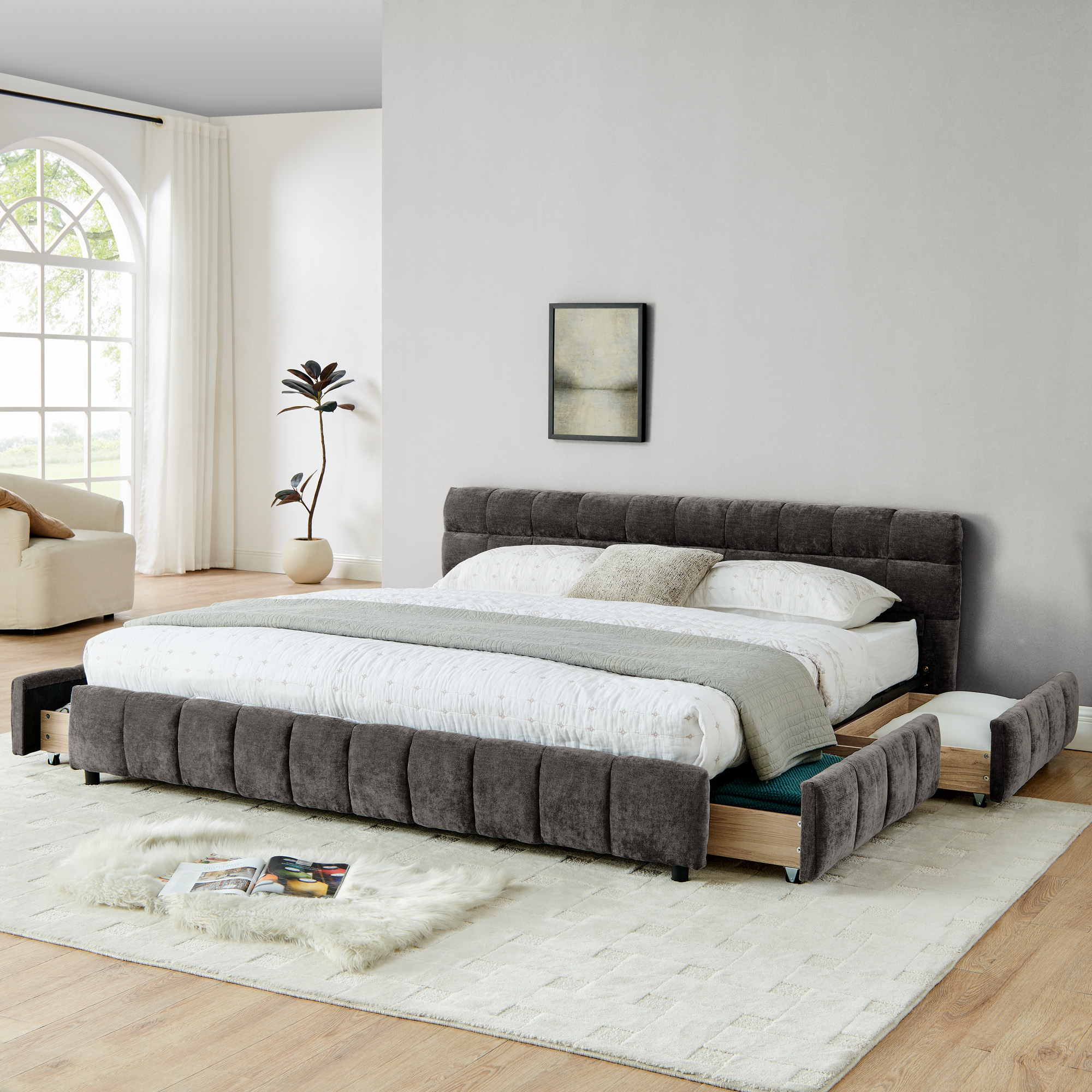 King Size Upholstered Bed ,comfortable upholstered bed frame, Chenille fabric, with headboard and solid bed frame. With drawer for storage.-Dark Gray(88.5''*85.5''*31'') - Image 3