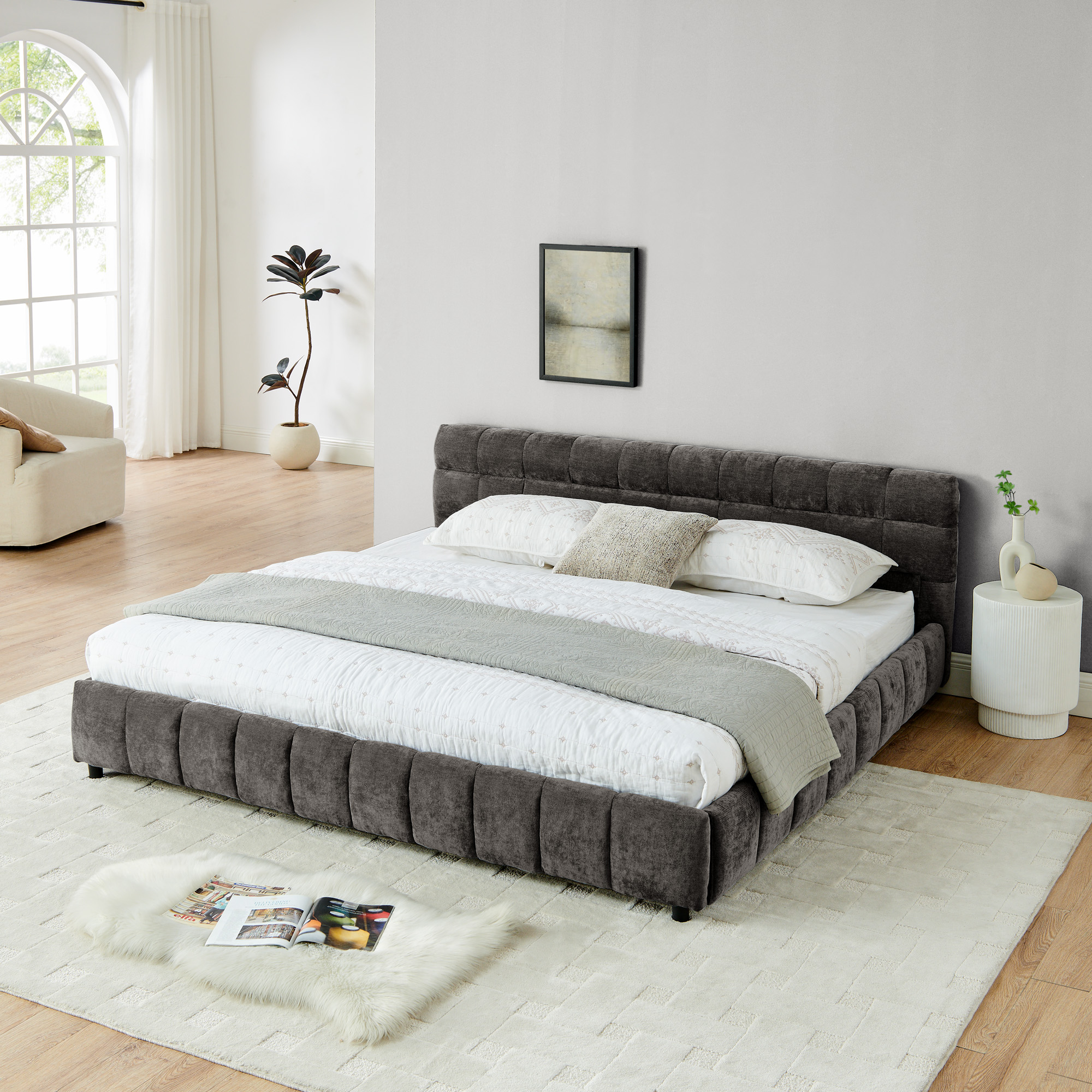 King Size Upholstered Bed ,comfortable upholstered bed frame, Chenille fabric, with headboard and solid bed frame. With drawer for storage.-Dark Gray(88.5''*85.5''*31'') - Image 4