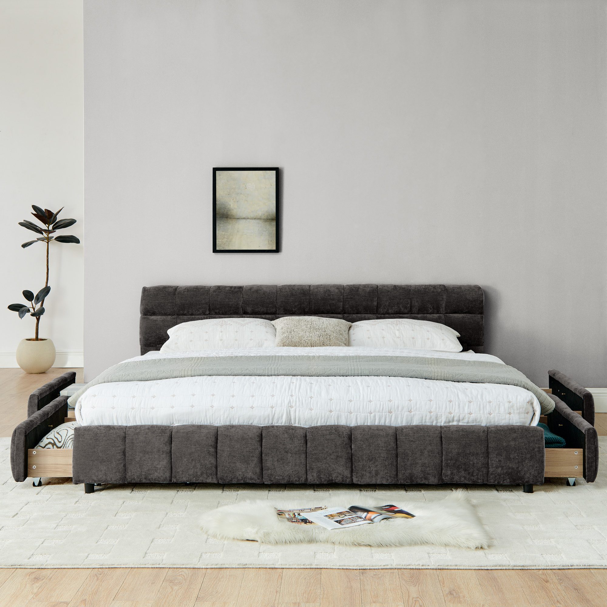 King Size Upholstered Bed ,comfortable upholstered bed frame, Chenille fabric, with headboard and solid bed frame. With drawer for storage.-Dark Gray(88.5''*85.5''*31'') - Image 5