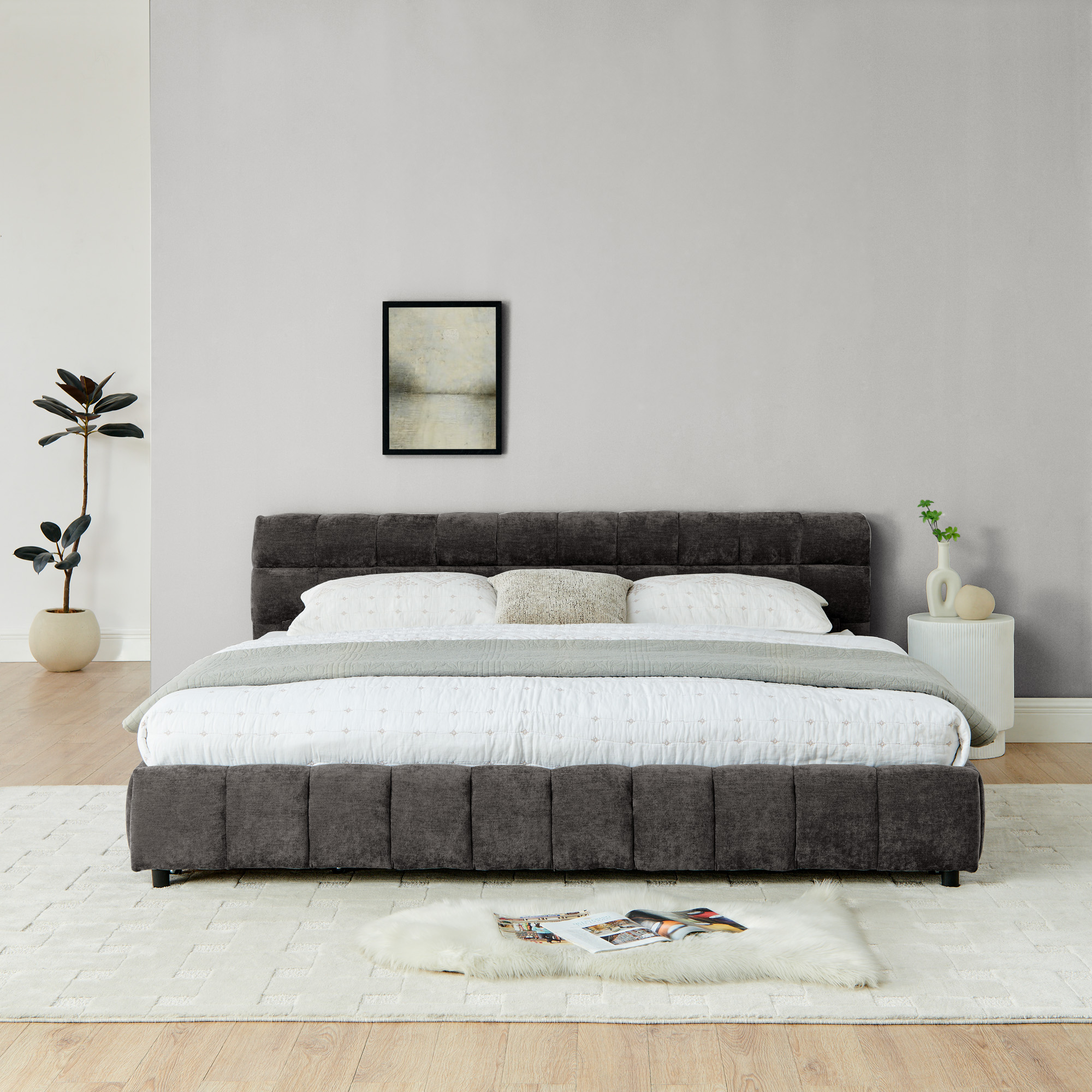 King Size Upholstered Bed ,comfortable upholstered bed frame, Chenille fabric, with headboard and solid bed frame. With drawer for storage.-Dark Gray(88.5''*85.5''*31'') - Image 6