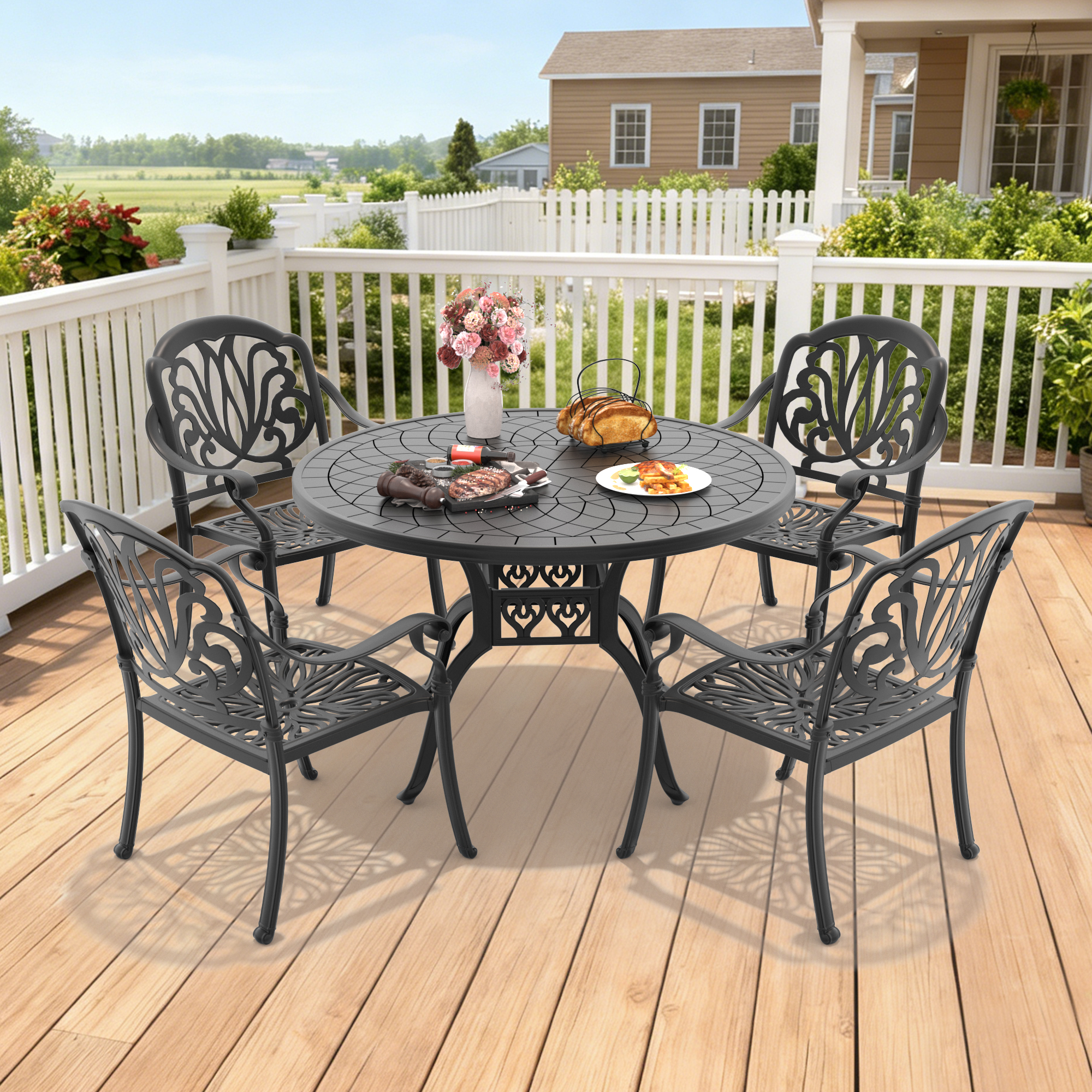 5-Piece Set Of Cast Aluminum Patio Furniture With Brown Cushions(same sku:W1710S00073,W1710S00014) - Image 2