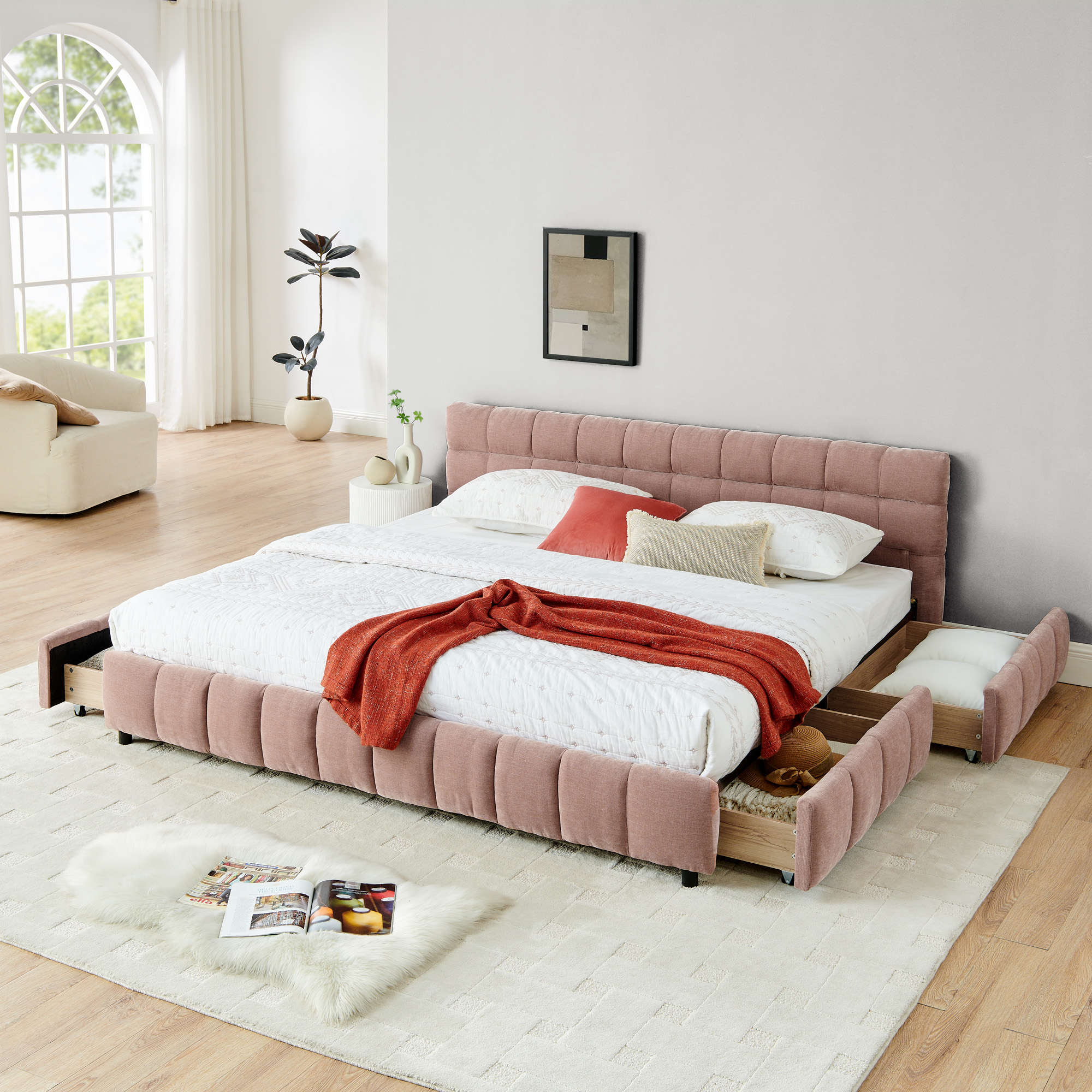 King Size Upholstered Bed ,comfortable upholstered bed frame, Chenille fabric, with headboard and solid bed frame. With drawer for storage.-Pink(88.5”*85.5”*31”)