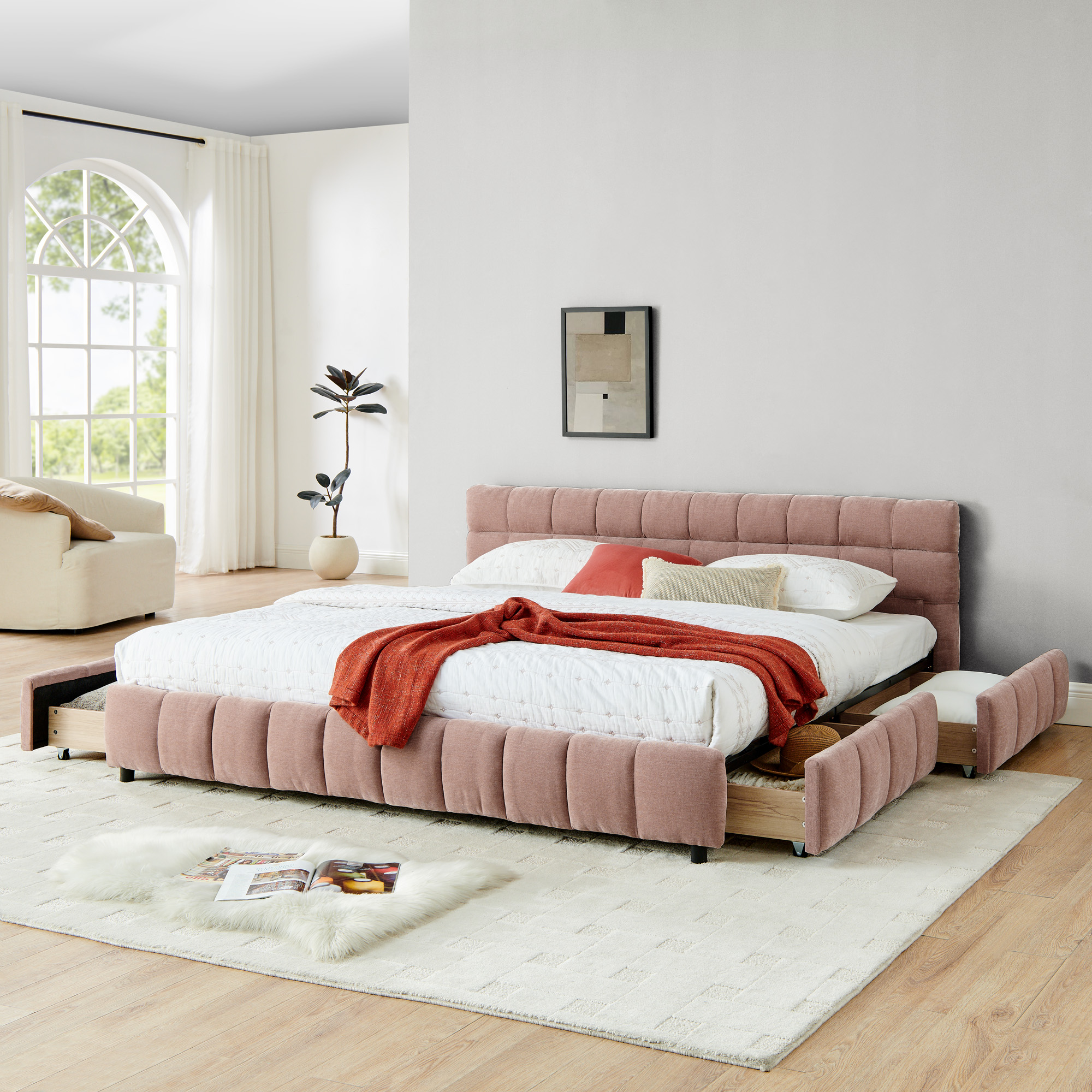 King Size Upholstered Bed ,comfortable upholstered bed frame, Chenille fabric, with headboard and solid bed frame. With drawer for storage.-Pink(88.5''*85.5''*31'') - Image 3