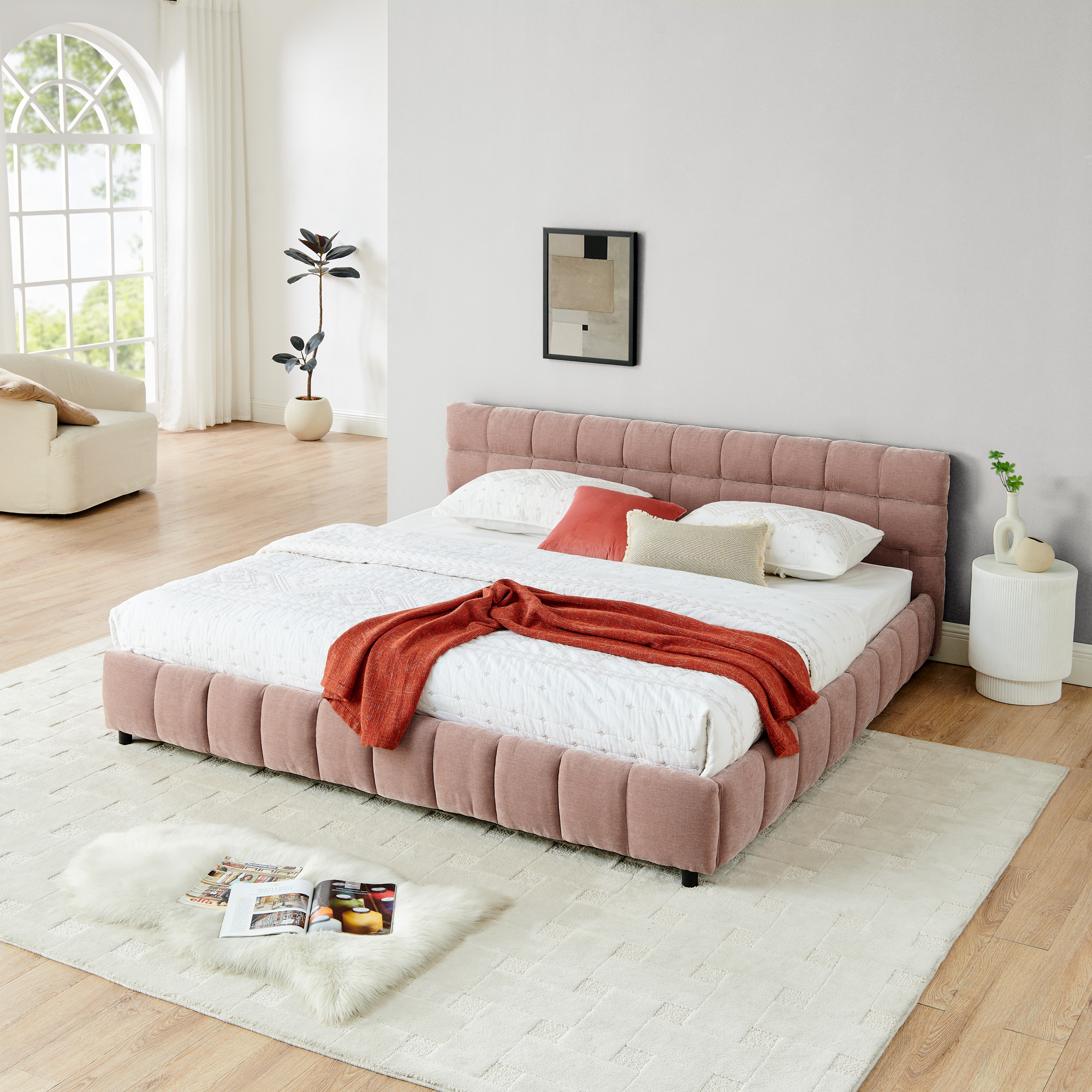 King Size Upholstered Bed ,comfortable upholstered bed frame, Chenille fabric, with headboard and solid bed frame. With drawer for storage.-Pink(88.5''*85.5''*31'') - Image 2