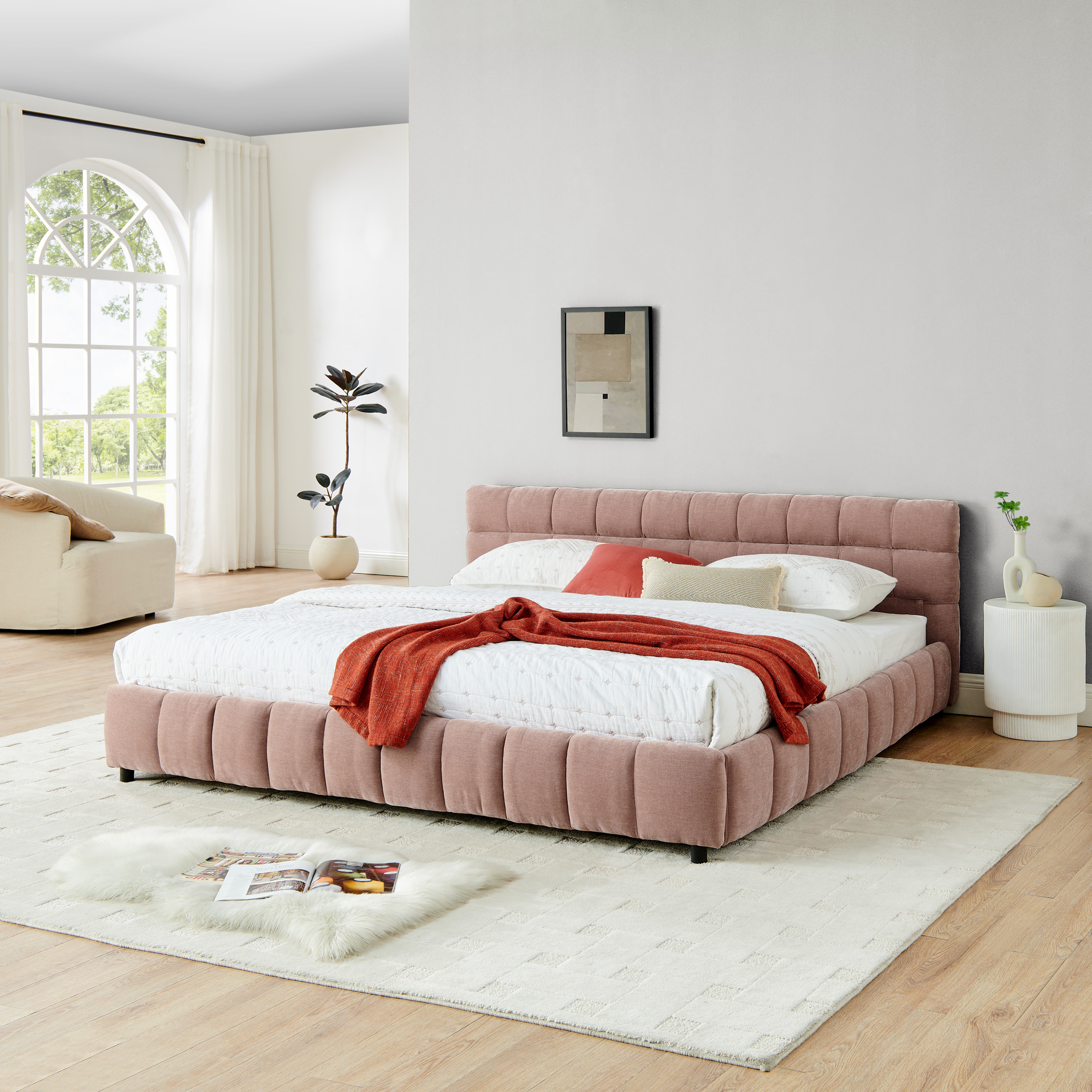 King Size Upholstered Bed ,comfortable upholstered bed frame, Chenille fabric, with headboard and solid bed frame. With drawer for storage.-Pink(88.5''*85.5''*31'') - Image 4