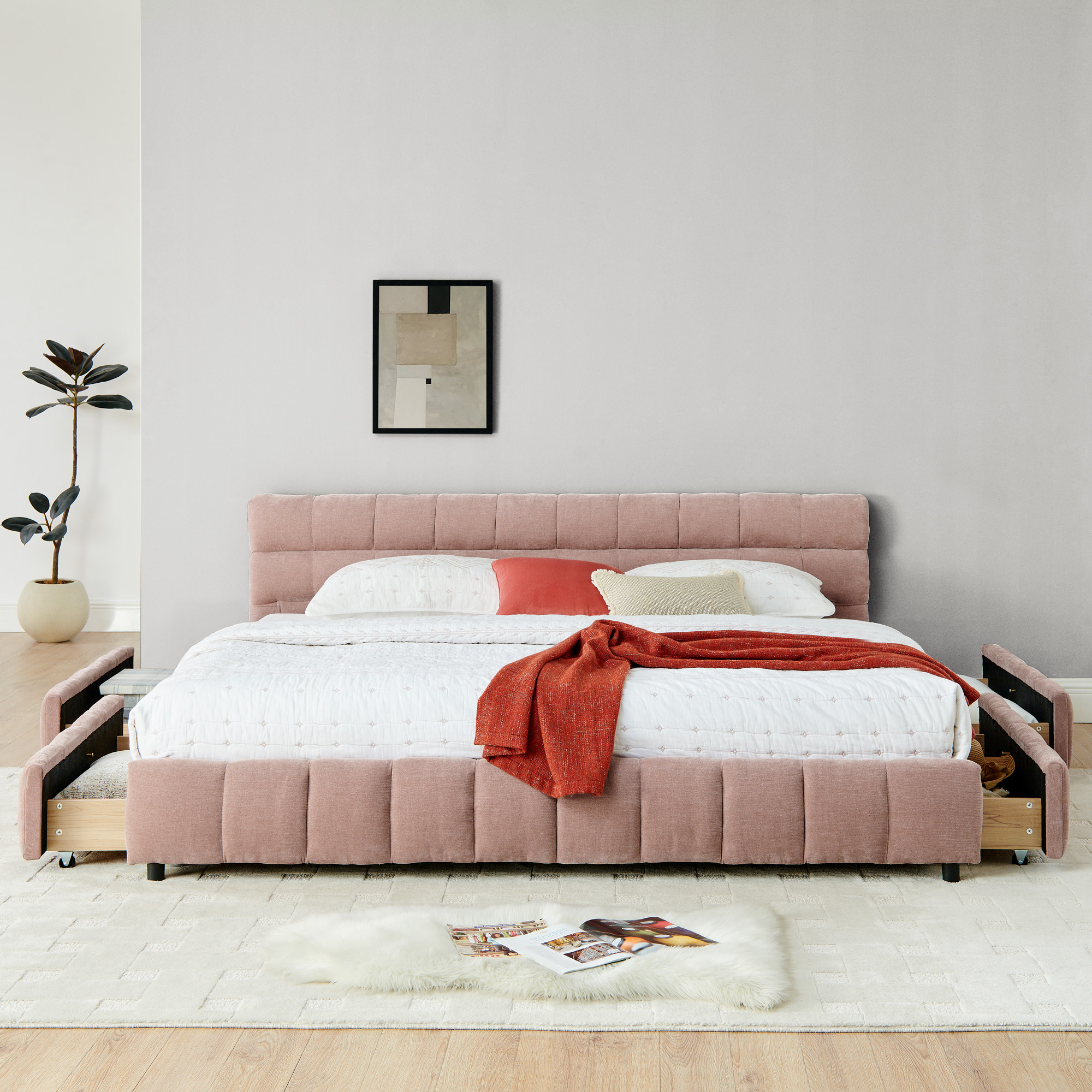 King Size Upholstered Bed ,comfortable upholstered bed frame, Chenille fabric, with headboard and solid bed frame. With drawer for storage.-Pink(88.5''*85.5''*31'') - Image 5