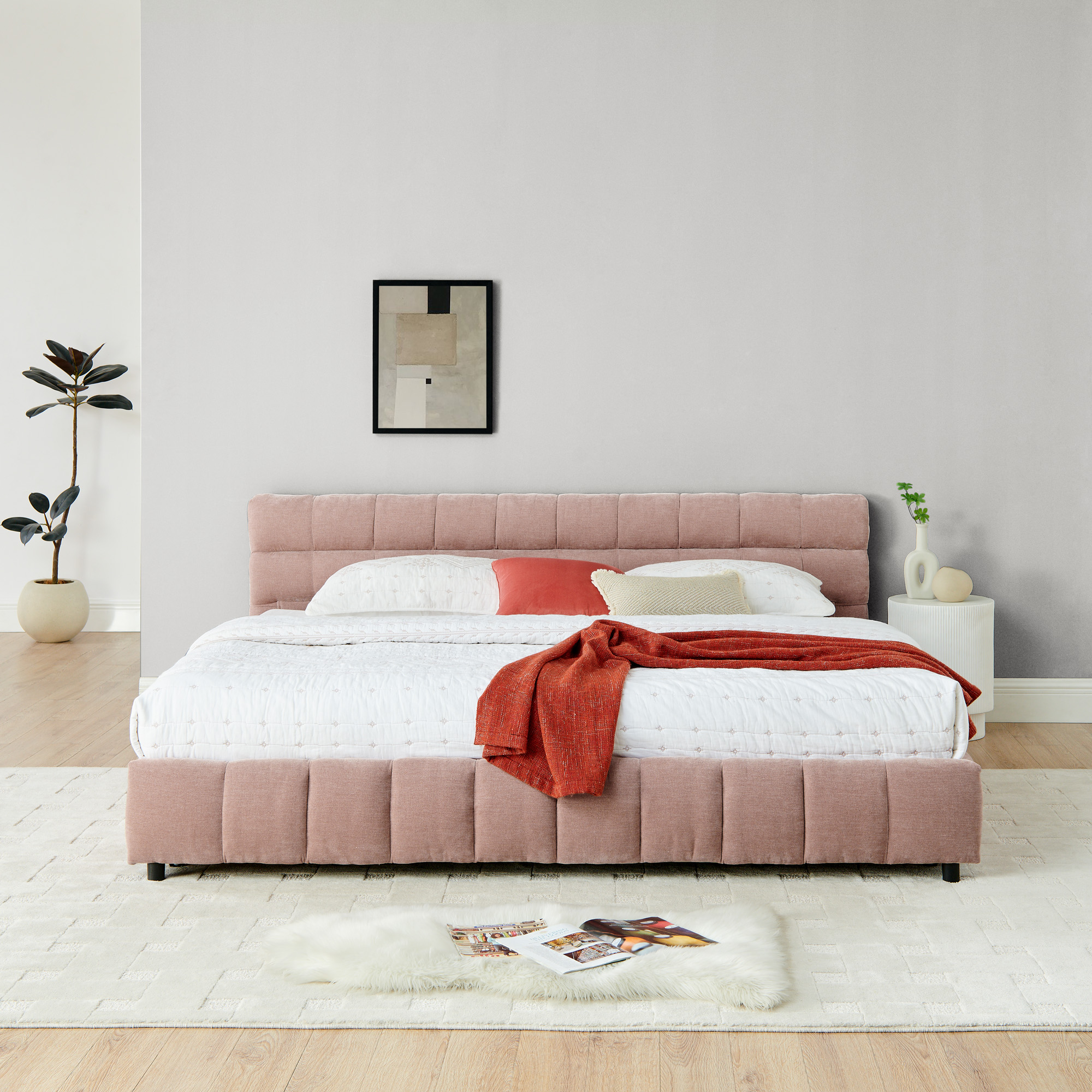 King Size Upholstered Bed ,comfortable upholstered bed frame, Chenille fabric, with headboard and solid bed frame. With drawer for storage.-Pink(88.5''*85.5''*31'') - Image 6