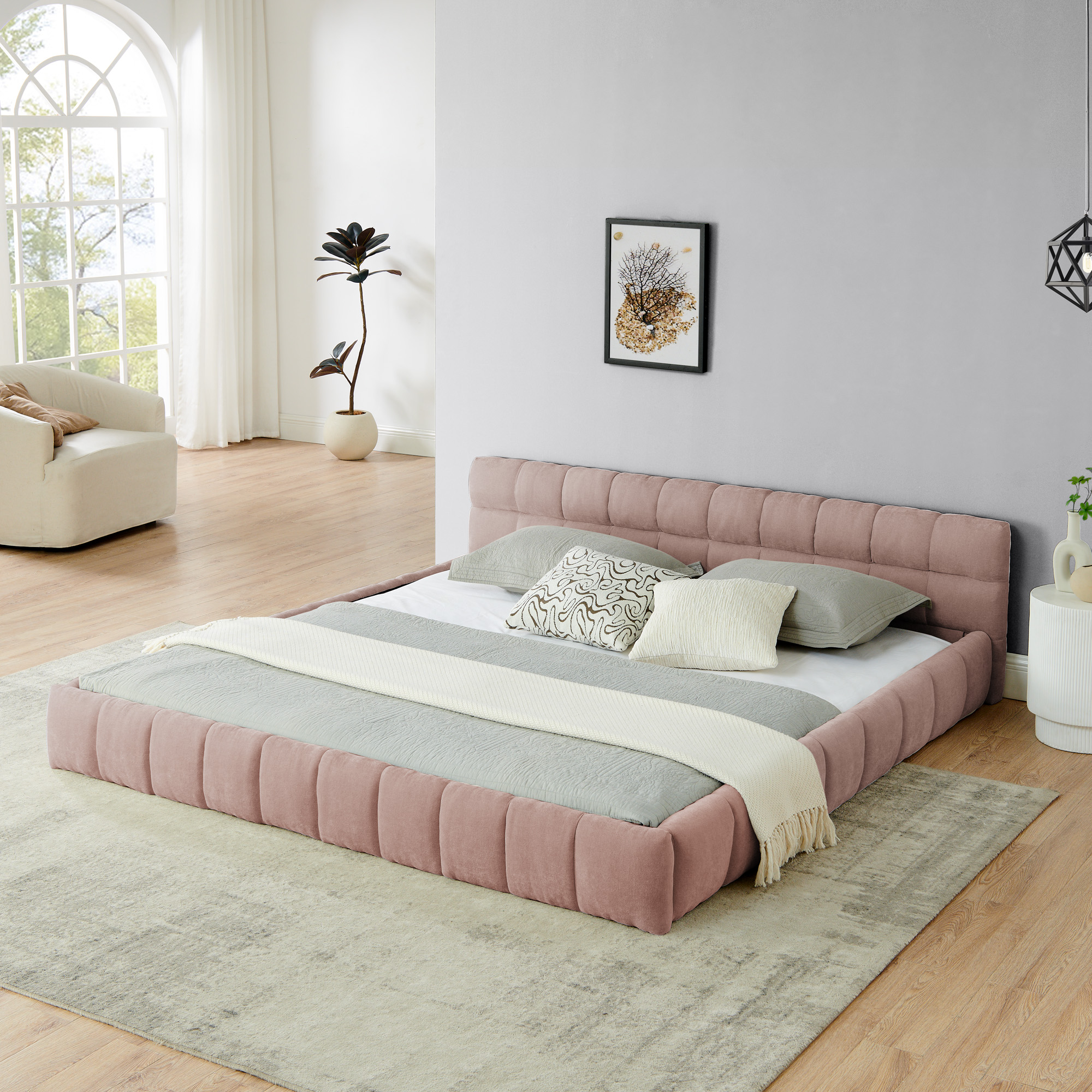 King size Upholstered Bed Frame with Thick Fabric, Chenille Fabric Grounded King size Platform Bed with Headboard and Solid Frame. No Box Spring Needed-Pink(88.5''*85.5''*24'') - Image 1