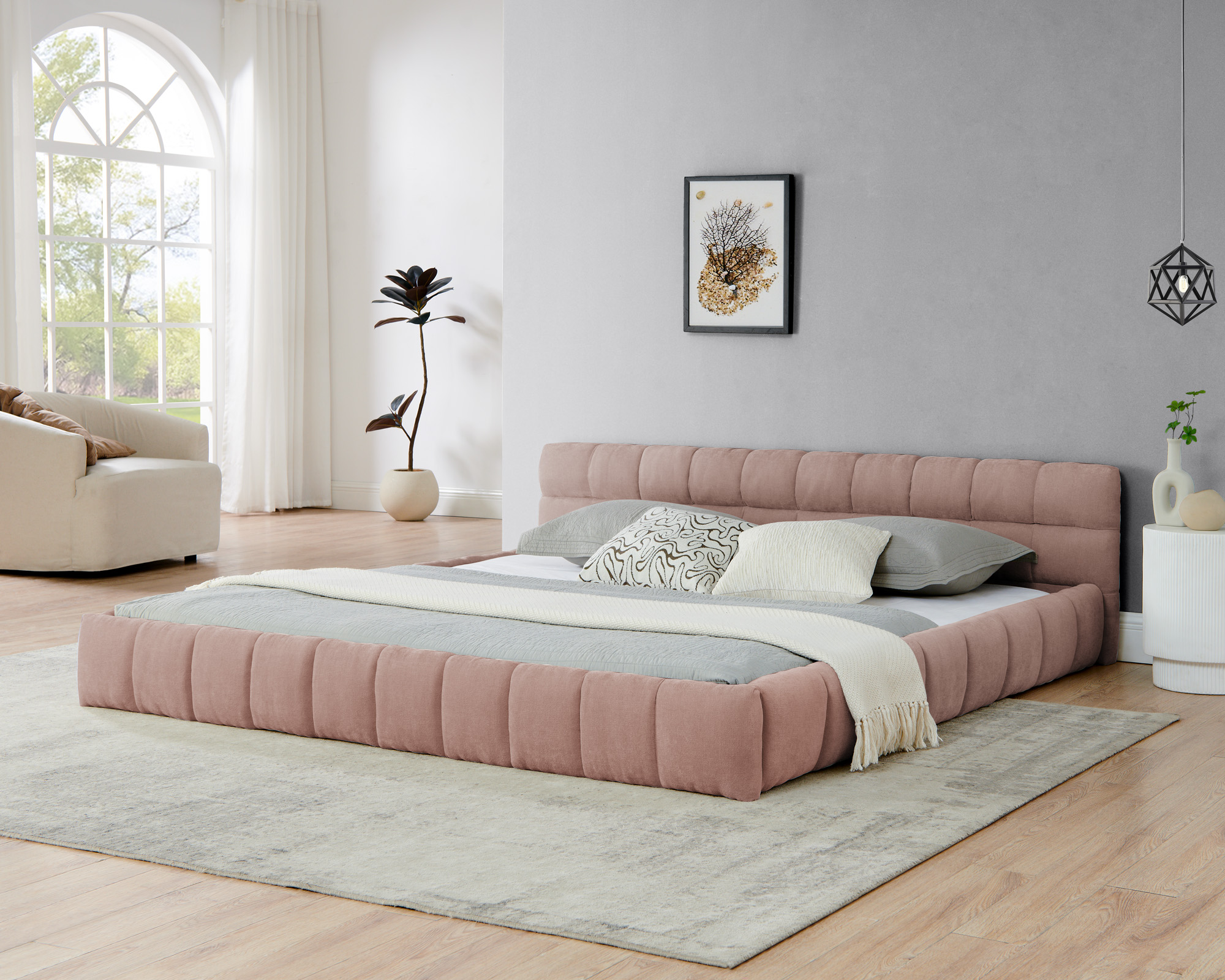 King size Upholstered Bed Frame with Thick Fabric, Chenille Fabric Grounded King size Platform Bed with Headboard and Solid Frame. No Box Spring Needed-Pink(88.5''*85.5''*24'') - Image 2