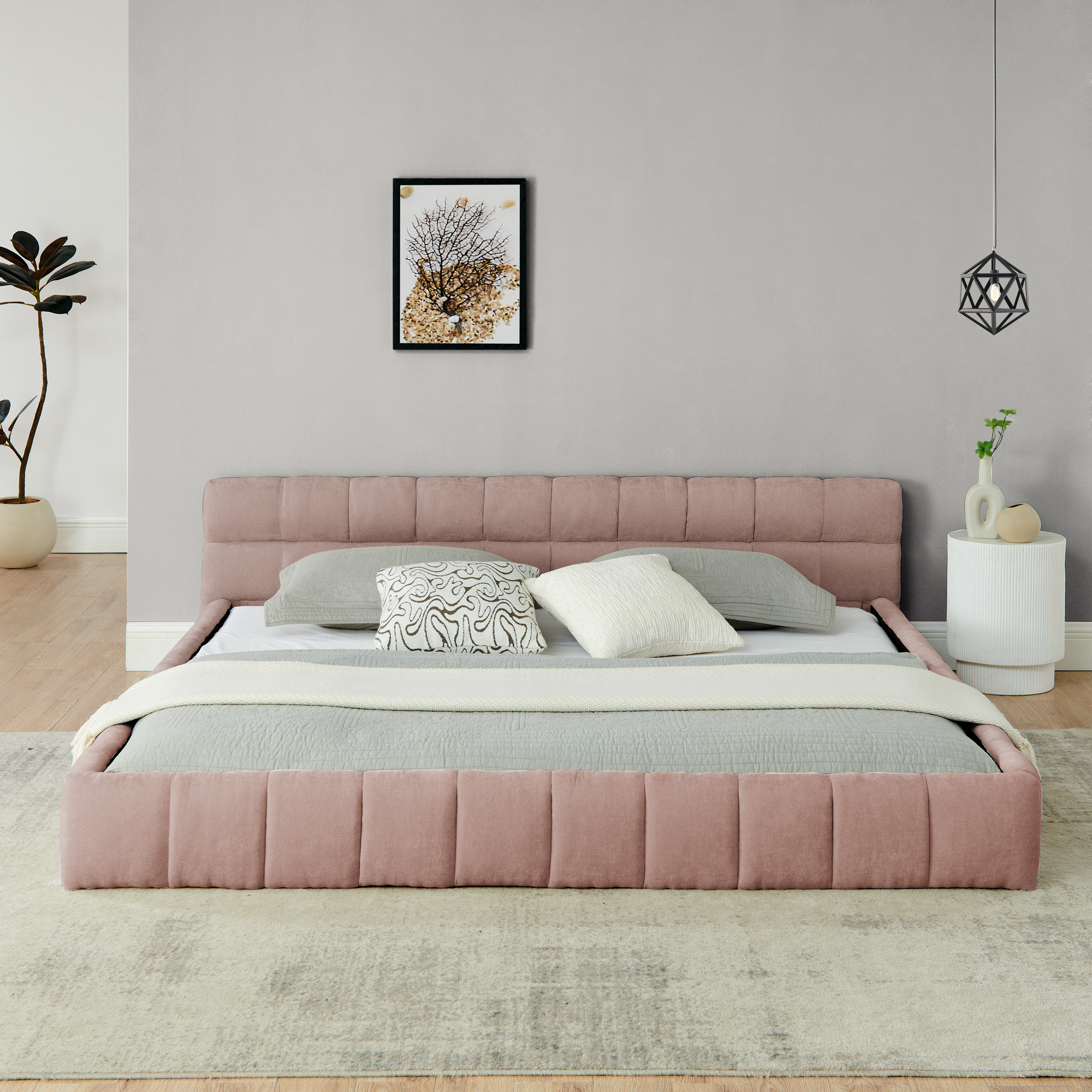 King size Upholstered Bed Frame with Thick Fabric, Chenille Fabric Grounded King size Platform Bed with Headboard and Solid Frame. No Box Spring Needed-Pink(88.5''*85.5''*24'') - Image 3