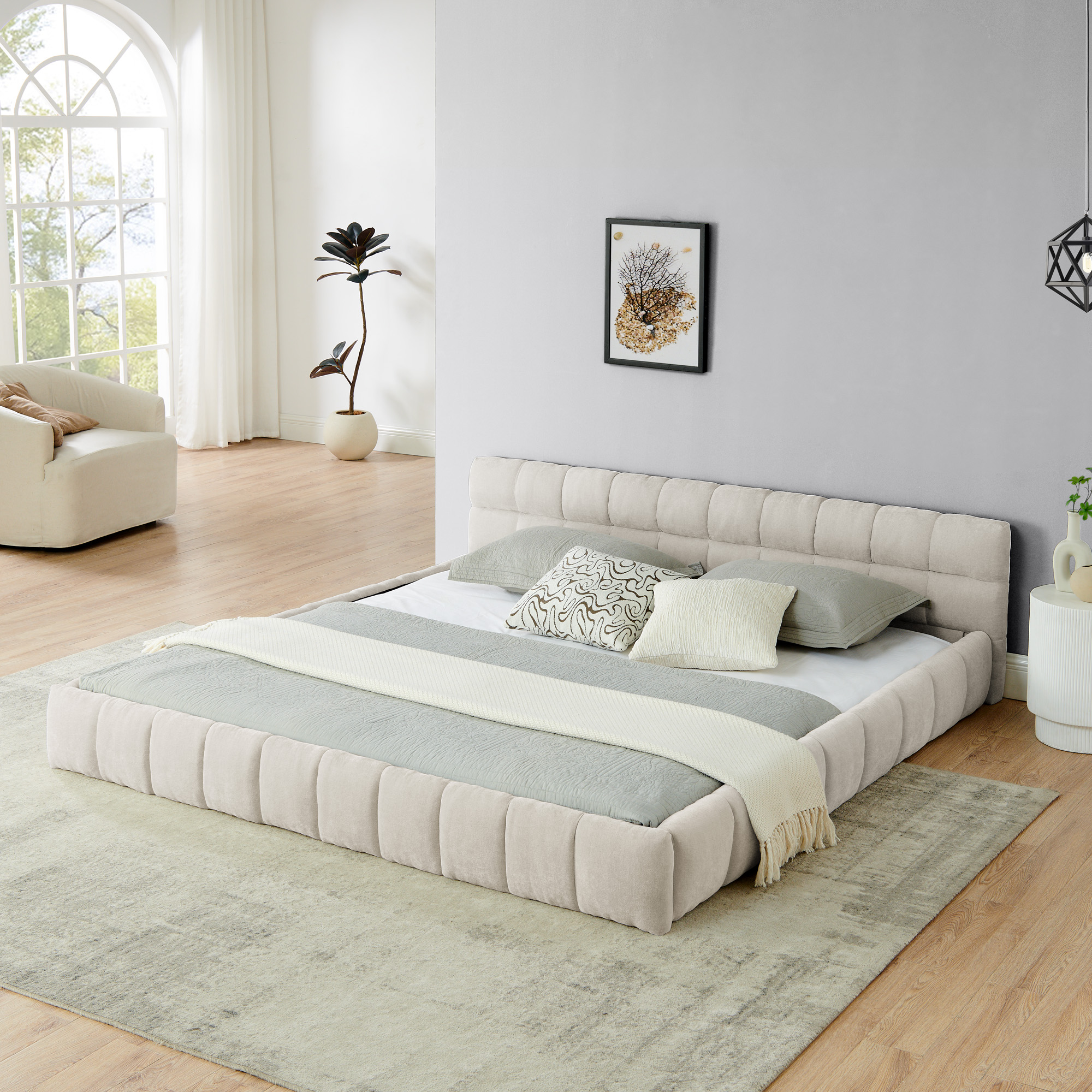 King size Upholstered Bed Frame with Thick Fabric, Chenille Fabric Grounded King Size Platform Bed with Headboard and Solid Frame. No Box Spring Needed-Beige(88.5''*85.5''*24'') - Image 1